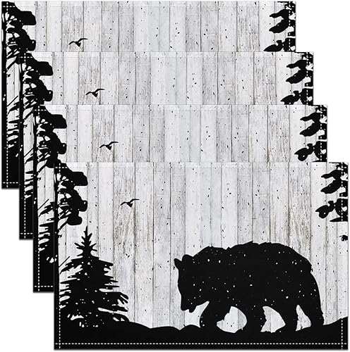 Miniatura 1 de Lodge - Juego de 4 manteles individuales de cabaña de 12 x 18 pulgadas, manteles individuales con silueta de pino y oso silvestre negro para mesa de