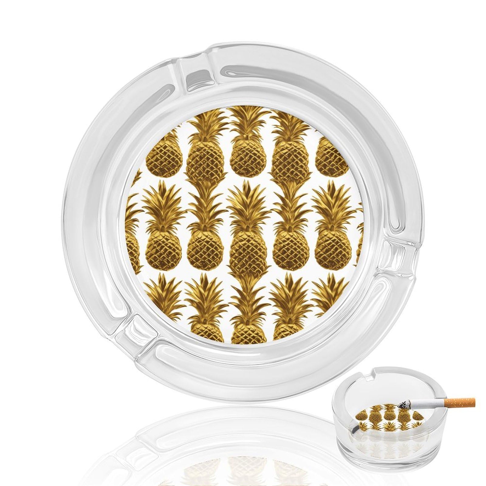 Fekiloot Men's Style Gold Pineapple Background Glass Ashtray For Cigarette Cigar,Cigarette Ashtray For Indoor Or Outdoor Use,Cigar Ashtrays With 3 Notches-Glass Decor Gift For Smokers