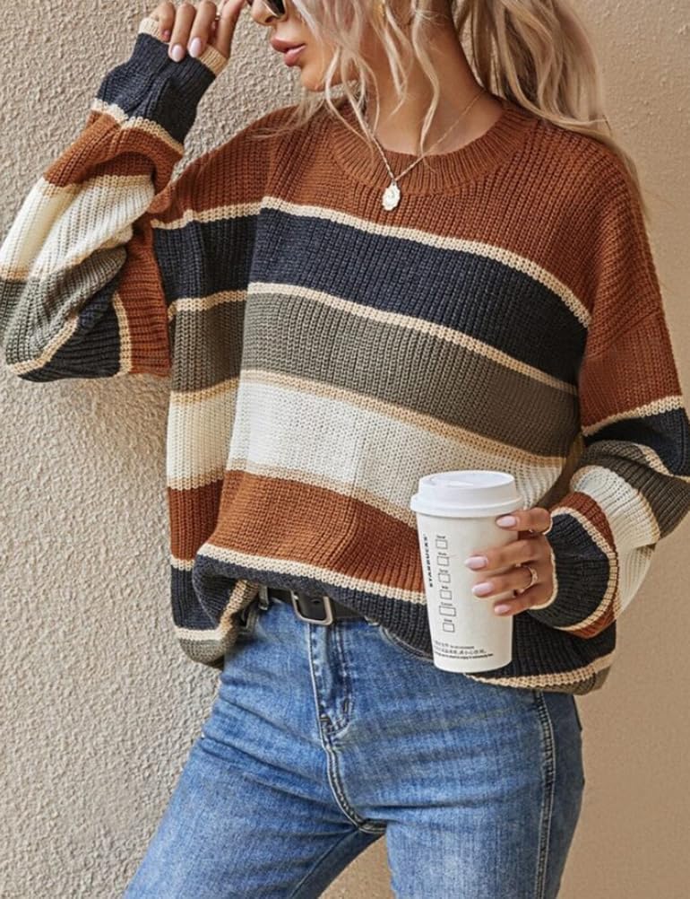 Kinghua Striped Knit Sweater for Women Fall Winter Casual Trendy Crewneck Pullover Color Block Sweaters Y2k Tops - Image 3