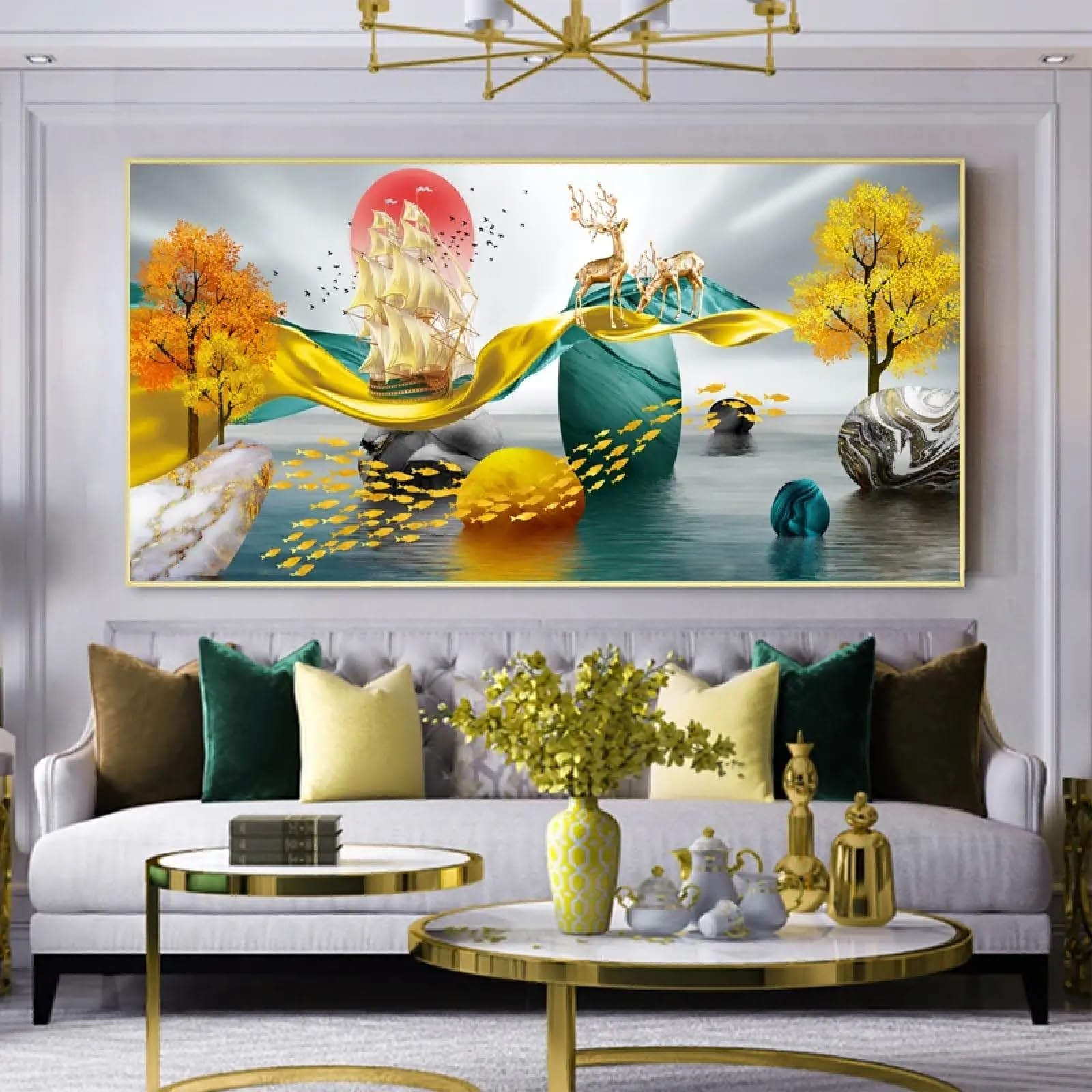 KADING Modernes abstraktes leichtes Luxus-Dekorationsgemälde mit Baum, Stein, Hirsch, Band, Poster, Leinwanddrucke, Wandkunst für Wohnzimmer, 50x102cm(20x40 Zoll), mit Rahmen