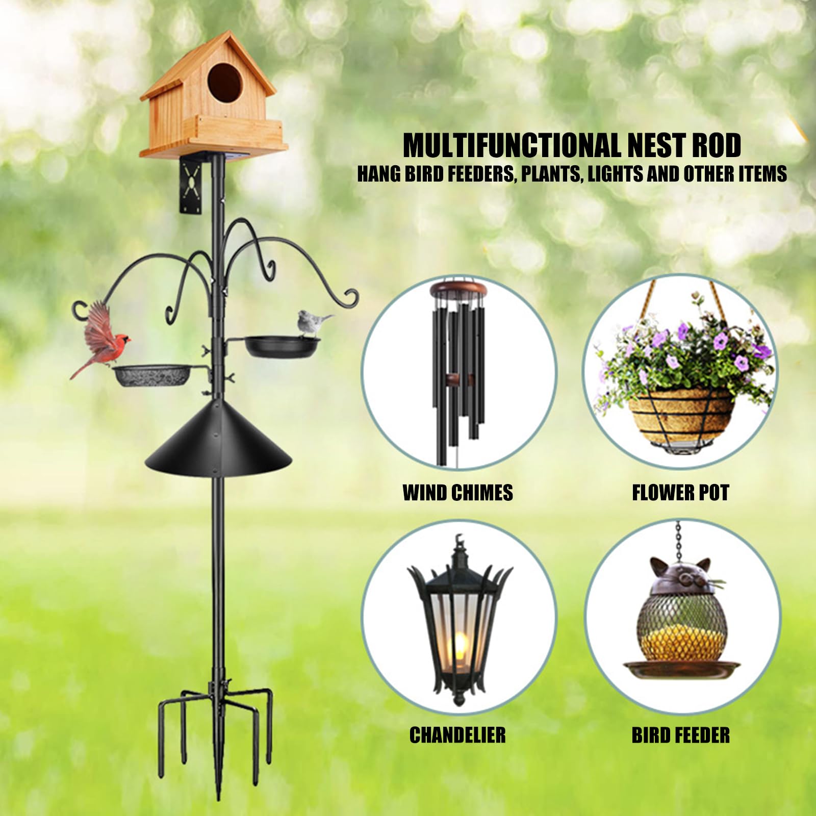 Supporto per mangiatoia per Uccelli in Metallo con Riparo in Legno e 5 Piattaforme sospese per Decorazioni da Giardino Esterno Supporto per mangiatoia per Uccelli Resistente alle intemperie