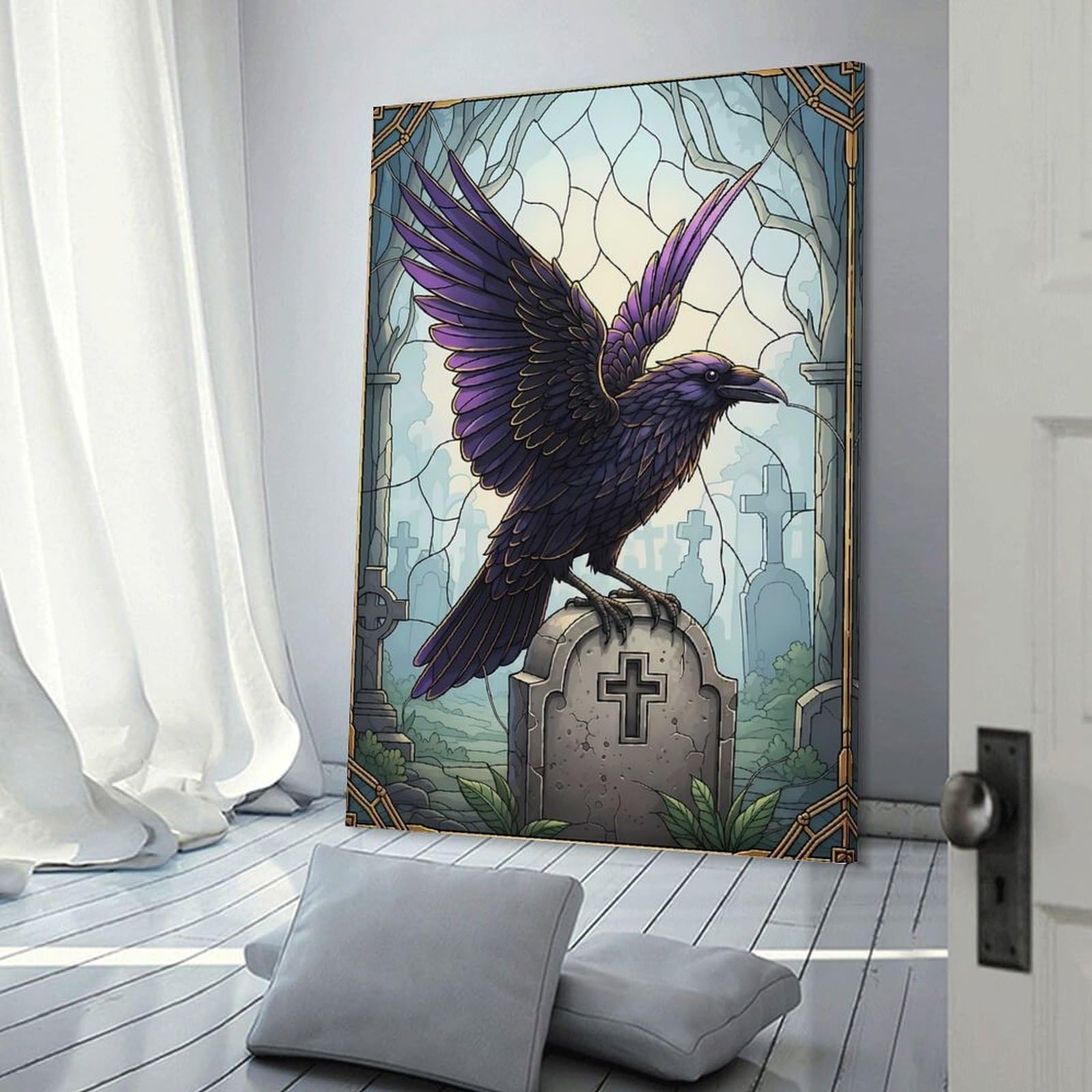 Junmoney Raven on Tombstone Stained Glass Art Decorative Wall Artwork, 24x36inch(60x90cm), for Home Lounge, Bedroom Or Reading Nook, Eye Catching Artwork for Blank Walls
