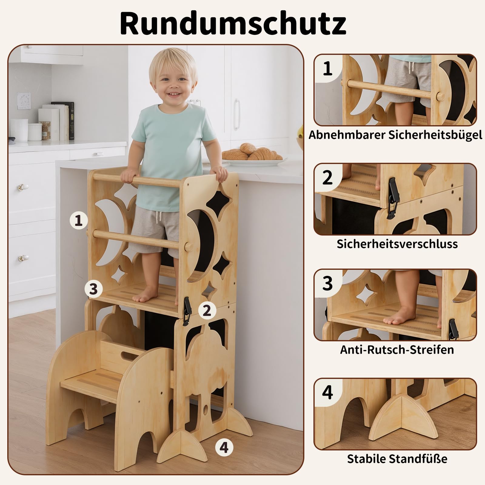 COSYLAND Lernturm ab 1 Jahr, klappbar – 4in1 Lernturm Kinder mit Doppeltafel, Stehhilfe & Schreibtisch mit Stuhl, Elefanten-Hocker als Tritthocker, Natur