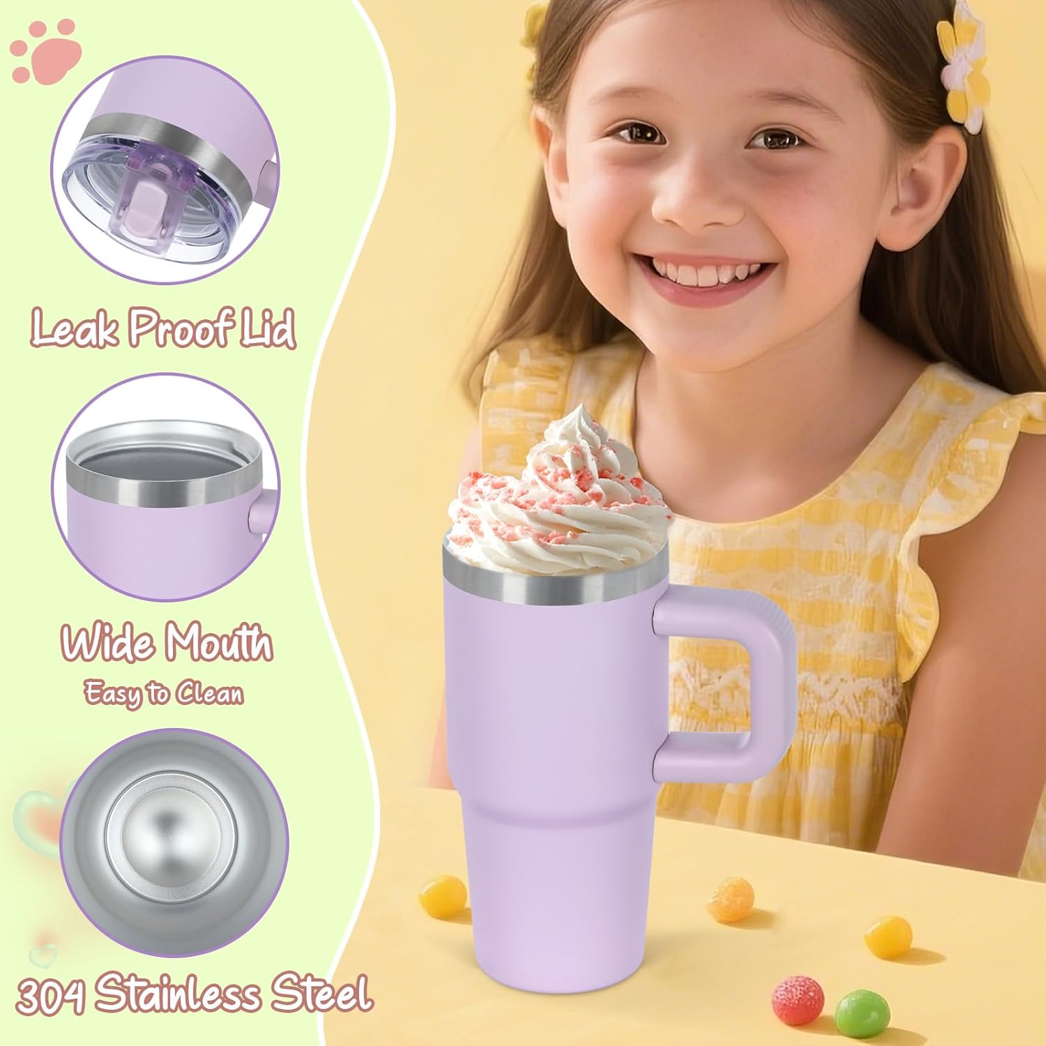 Cosictic 14 Oz Flip Straw Tumbler with Handle for Kids, Stainless Steel Double Wall Insulated Cup for Children with Flip Top Lid, 14 Oz Leak-proof Cups for Kids, Purple - Image 3