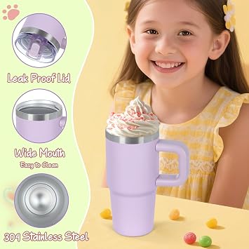 Cosictic 14 Oz Flip Straw Tumbler with Handle for Kids, Stainless Steel Double Wall Insulated Cup for Children with Flip Top Lid, 14 Oz Leak-proof Cups for Kids, Sky Blue and Purple
