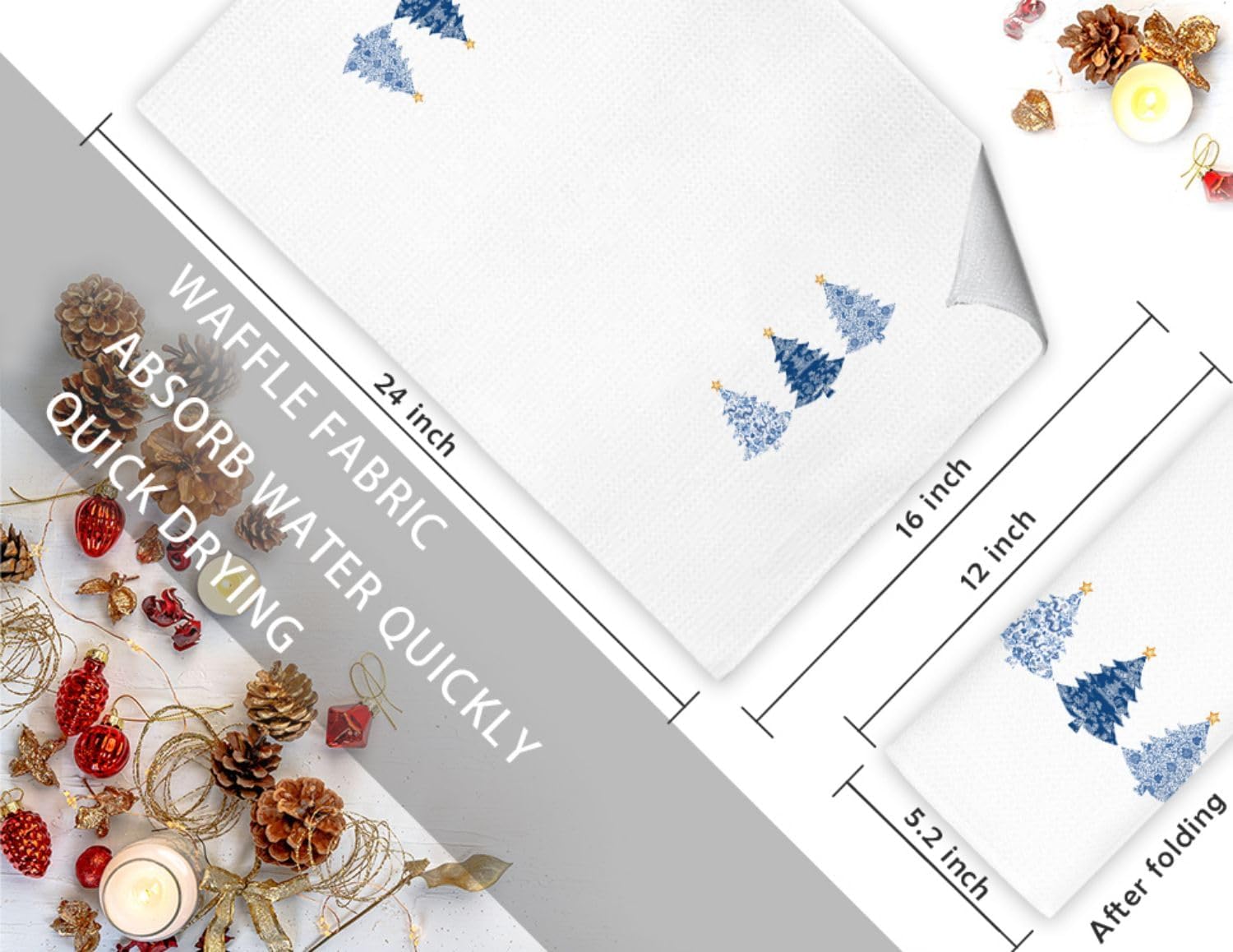 Blue and White Porcelain Chinoiserie Christmas Tree Dish Hand Towels for Bathroom Kitchen, Christmas Kitchen Bathroom Decor, 16x24 Inch - Image 5