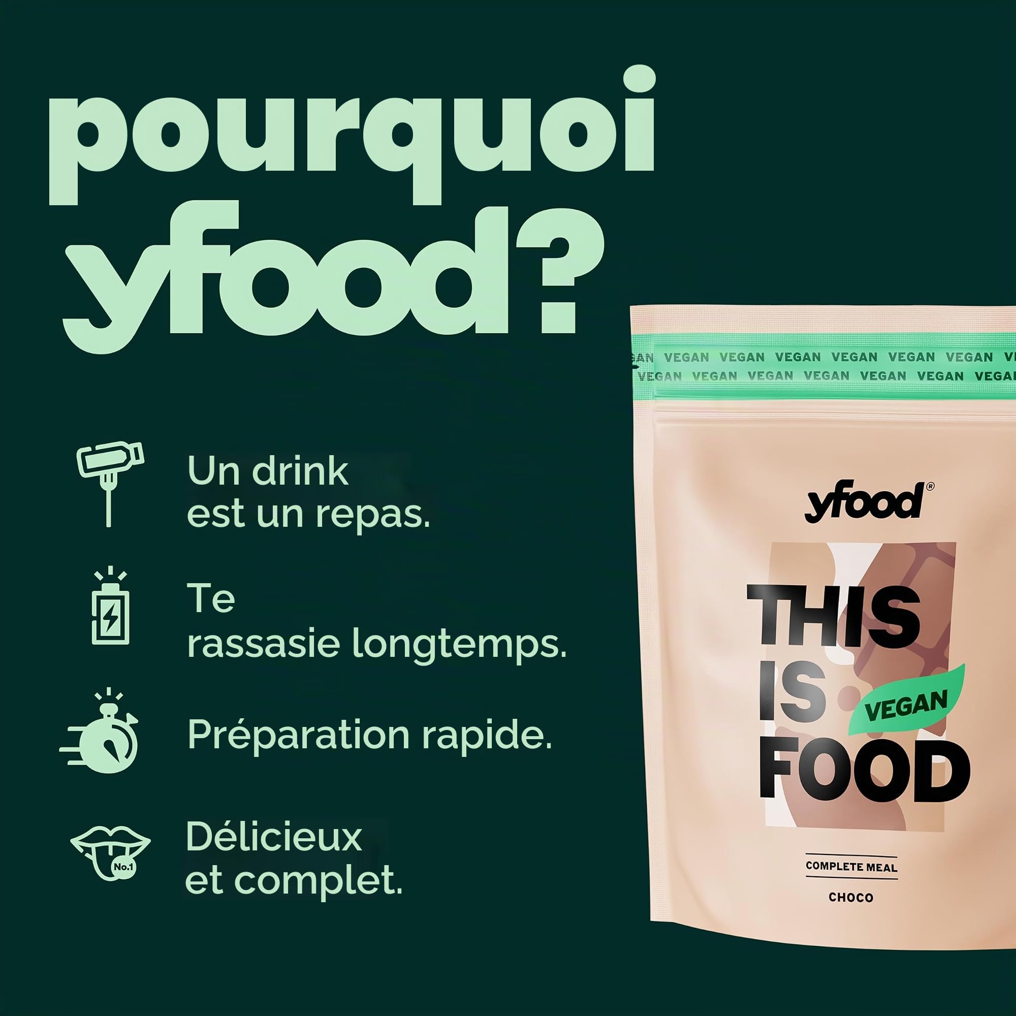 yfood Poudre Classic Choco végétalienne, substitut de repas protéiné, THIS IS FOOD, 26 vitamines et minéraux, 12 repas par sachet, goût chocolat (végétalienne)