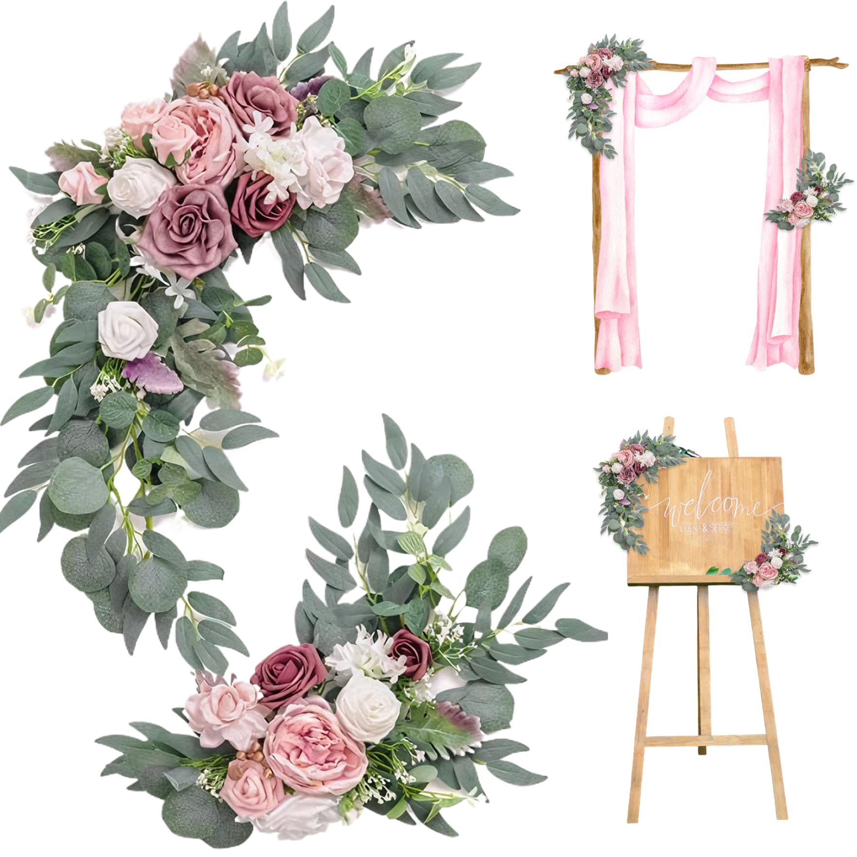 Fleurs arc de mariage artificiel rose et feuillage vert