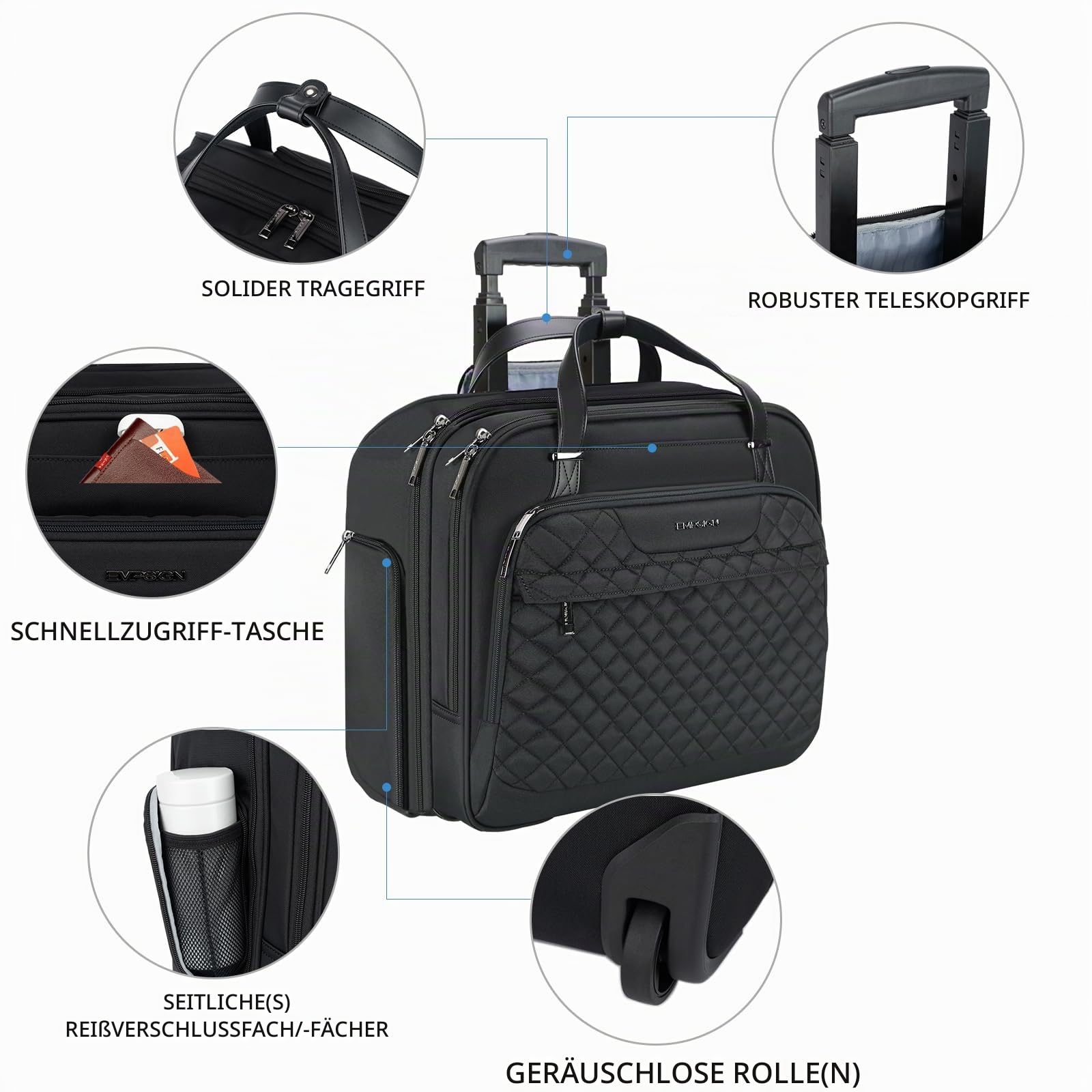 EMPSIGN Trolley Business Rolling Laptop mit Rädern, Rolling Laptoptasche für Frauen passt bis zu 15.6 Zoll Laptop Aktentasche auf Rädern, Wasserabweisende, mit RFID Taschen, schwarz