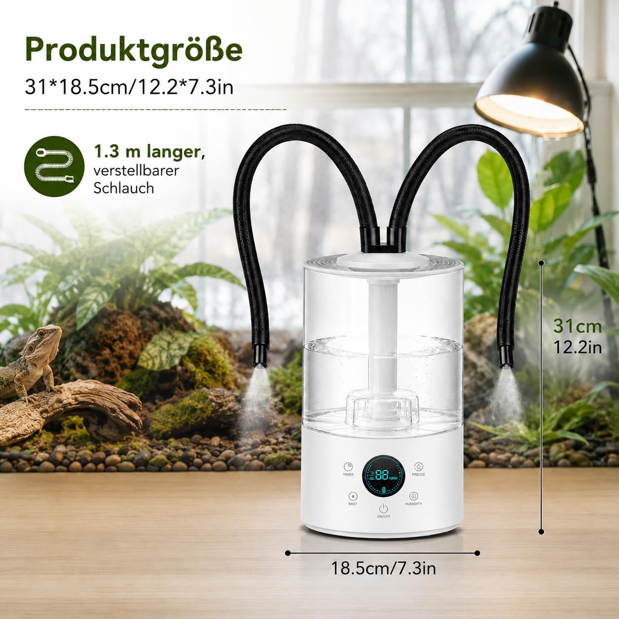4L Reptilien Vernebler Terrarium mit Fernbedienung, Leiser Ultraschall Fogger Nebelmaschine mit Doppeldüse und Ausziehbarem Rohr, Luftbefeuchter Terrarium für Reptilien, Amphibien, Nasspflanzen