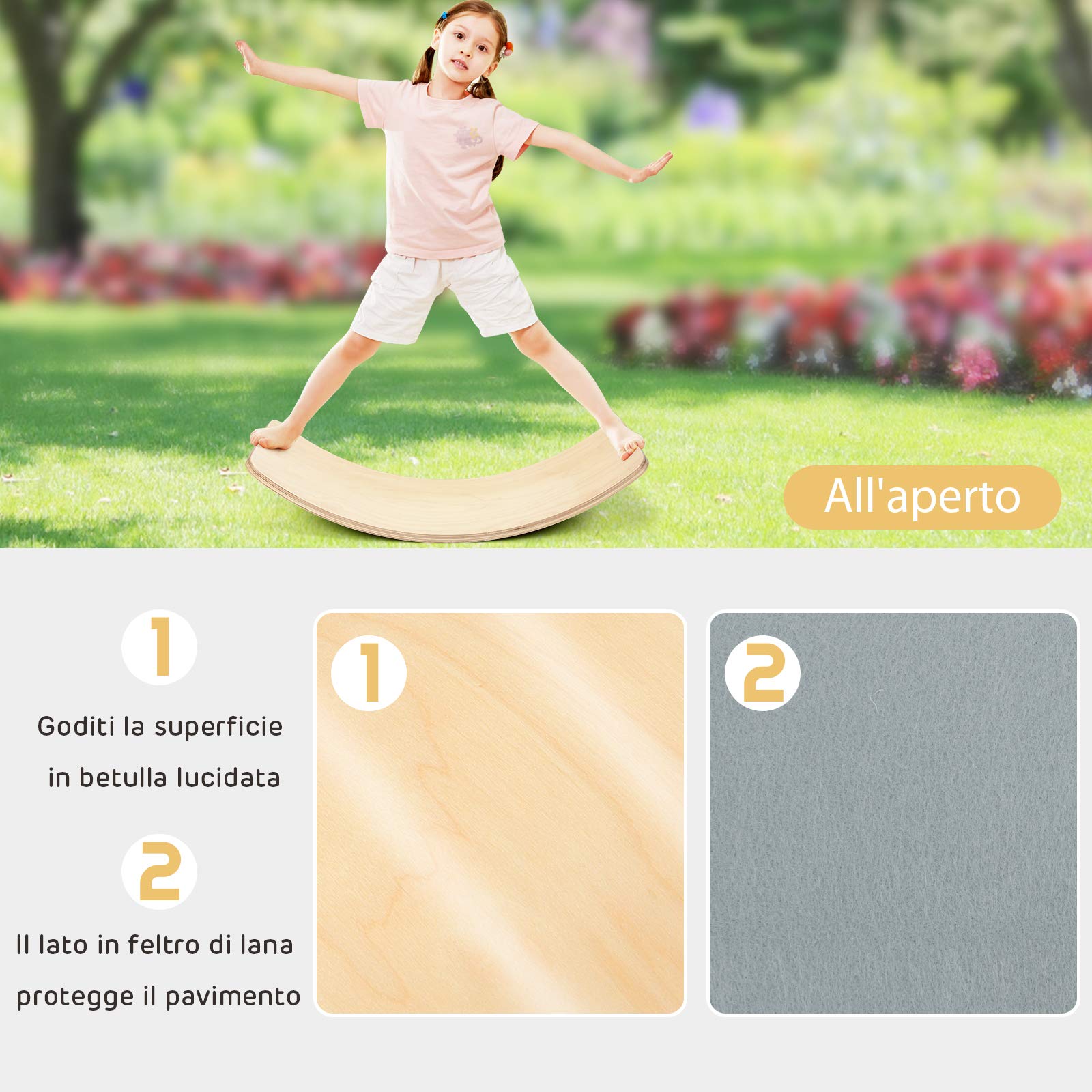 COSTWAY Balance Board Curva in Legno Massello con Feltro Antiscivolo