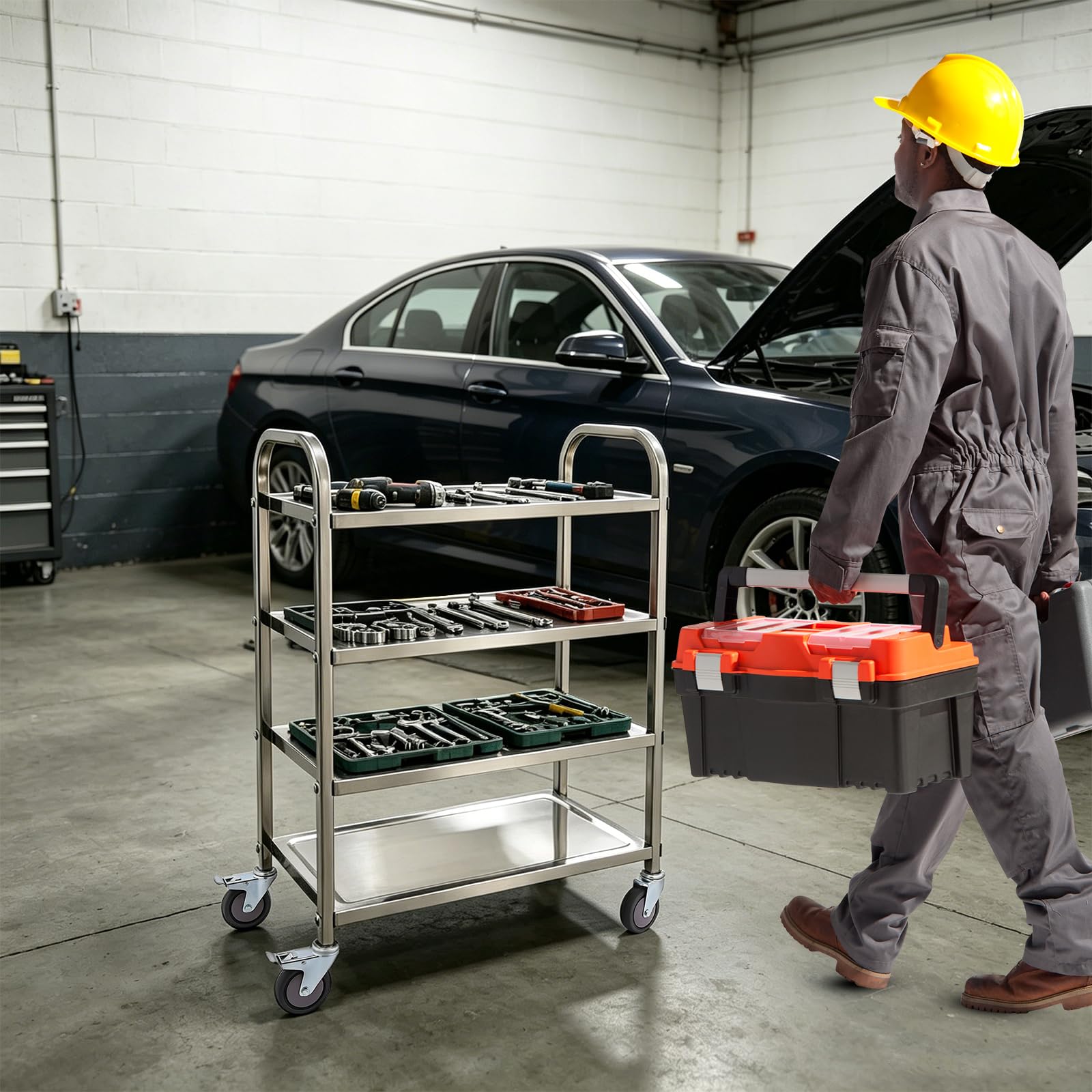 Carrello da portata in acciaio inox con 4 ripiani, carrello da
