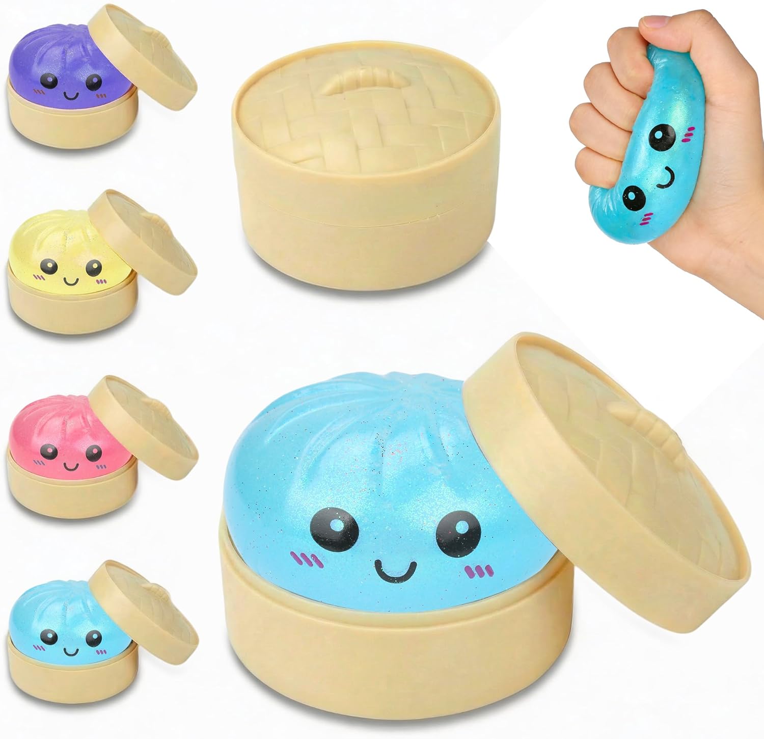 Glitter Dumpling Squishy, Slow Rise Squeeze Toy Stress Relief Sensory Bao Bun with Steamer Box for Adult Women Man, Kawaii Fidget Toy Random Color Anxiety Relief Birthday Gift, 1Pcs