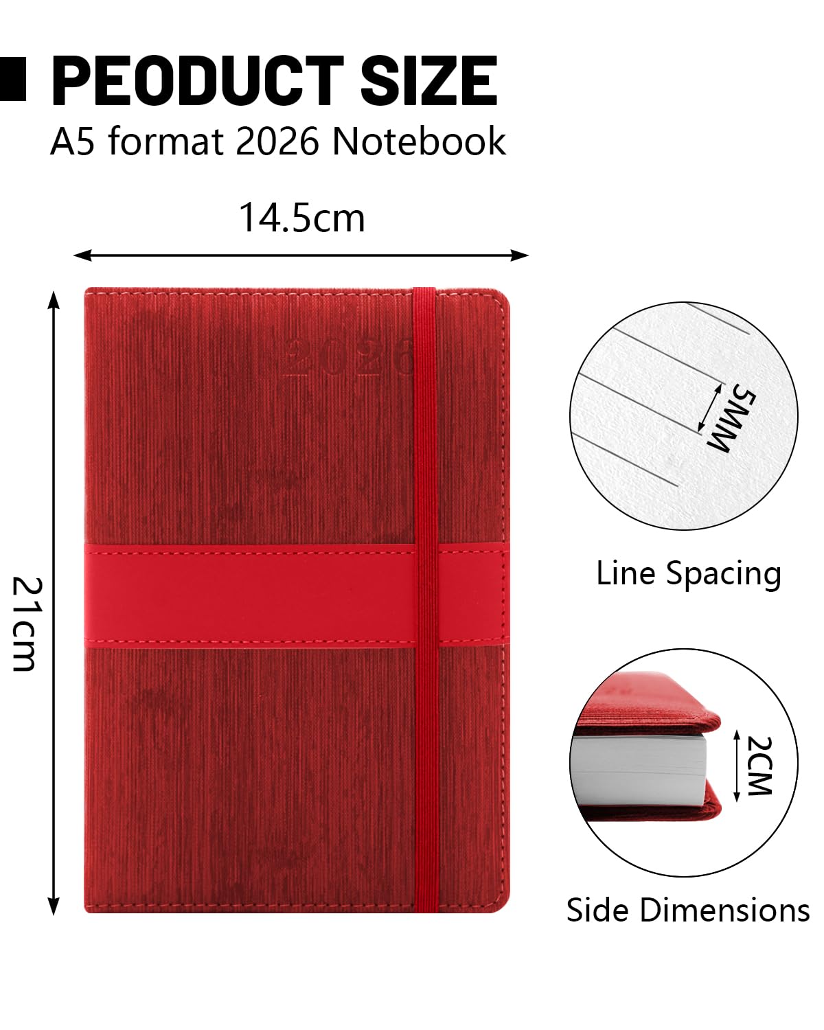 Agenda 2026 (DE/IT/ES/EN/FR) Impermeabile - Copertina in PU+CARTA con Elastico | Pagina al Giorno | Formato A5, Festività UE, Gennaio-Dicembre 2026
