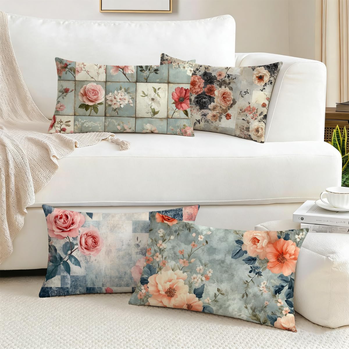 Poszewka na poduszkę 50x80 Zestaw 4 poduszek zewnętrznych krata poszewka na poduszkę Aksamitne poduszki Sofa Kwiaty Poduszki dekoracyjne, wodoodporna poszewka na poduszkę, dekoracja wiosenna