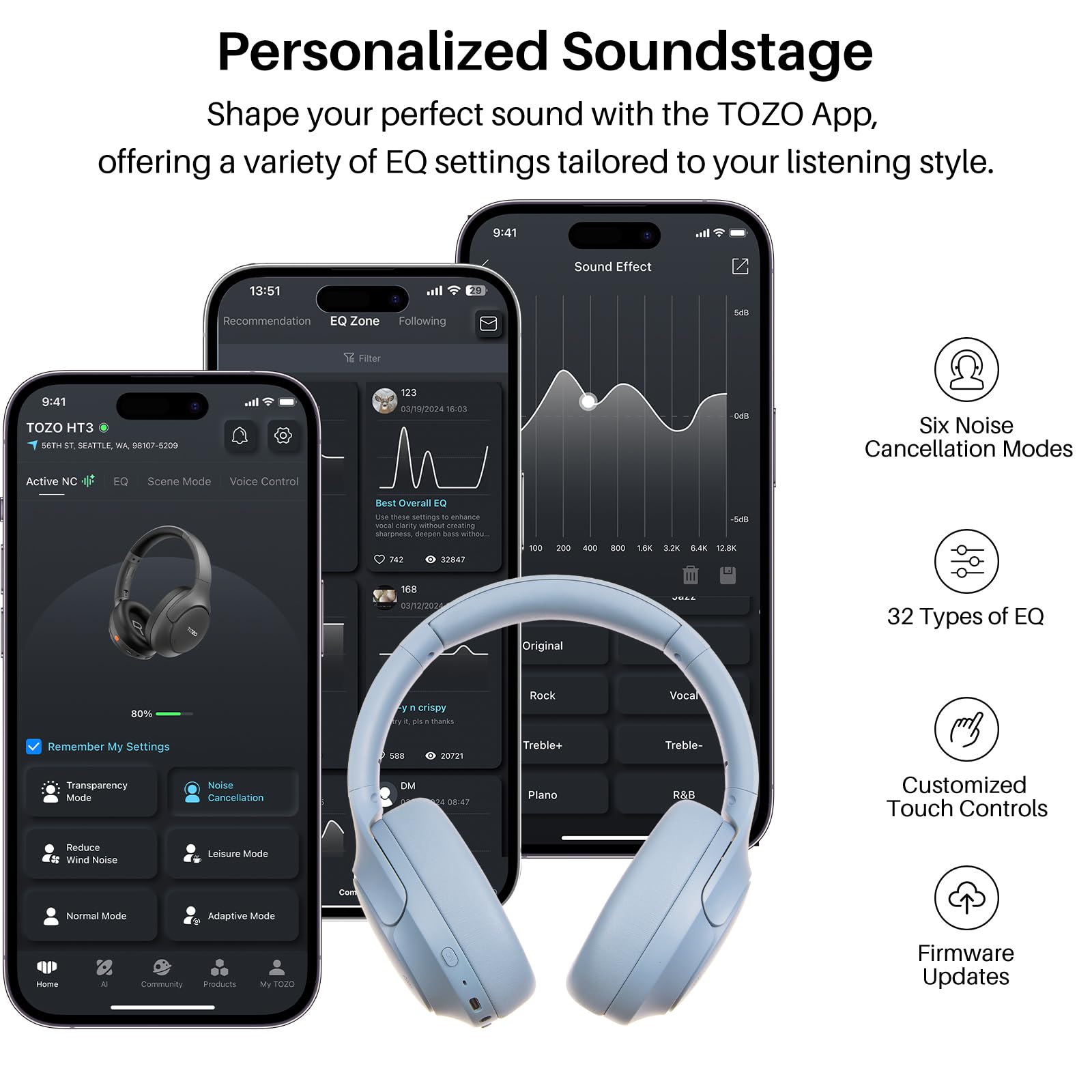 TOZO HT3 Hybrid Noise Cancelling Wireless Headphones, 90H Over Ear Headset view 8