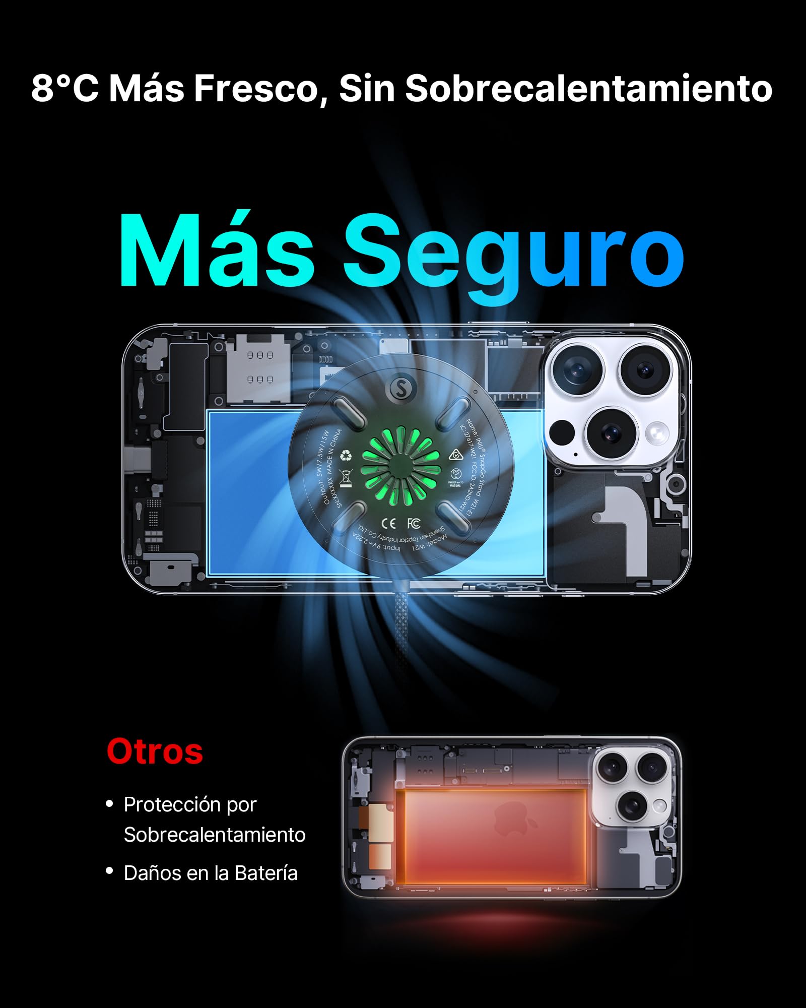 INIU Cargador Inalámbrico iPhone, 15W Certificado Qi2 Base Carga Rápida Magnética y Soporte Móvil, Mag-Safe Wireless Charger for iPhone 17 16 15 14 13 Pro Max Mini AirPods 4 3(con Adaptador USB C 20W)