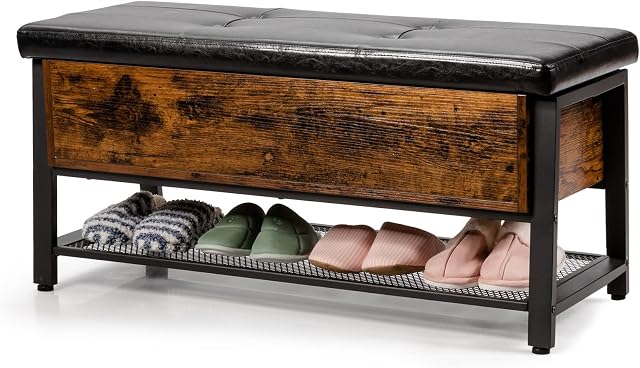 CASART Shoe Bench, Flip Top Shoes Cabinet with Adjustable Foot Pads, Wooden Storage Benches for Living Room Bedroom Entryway Hallway(with 4 Button Tufted+Shelf)