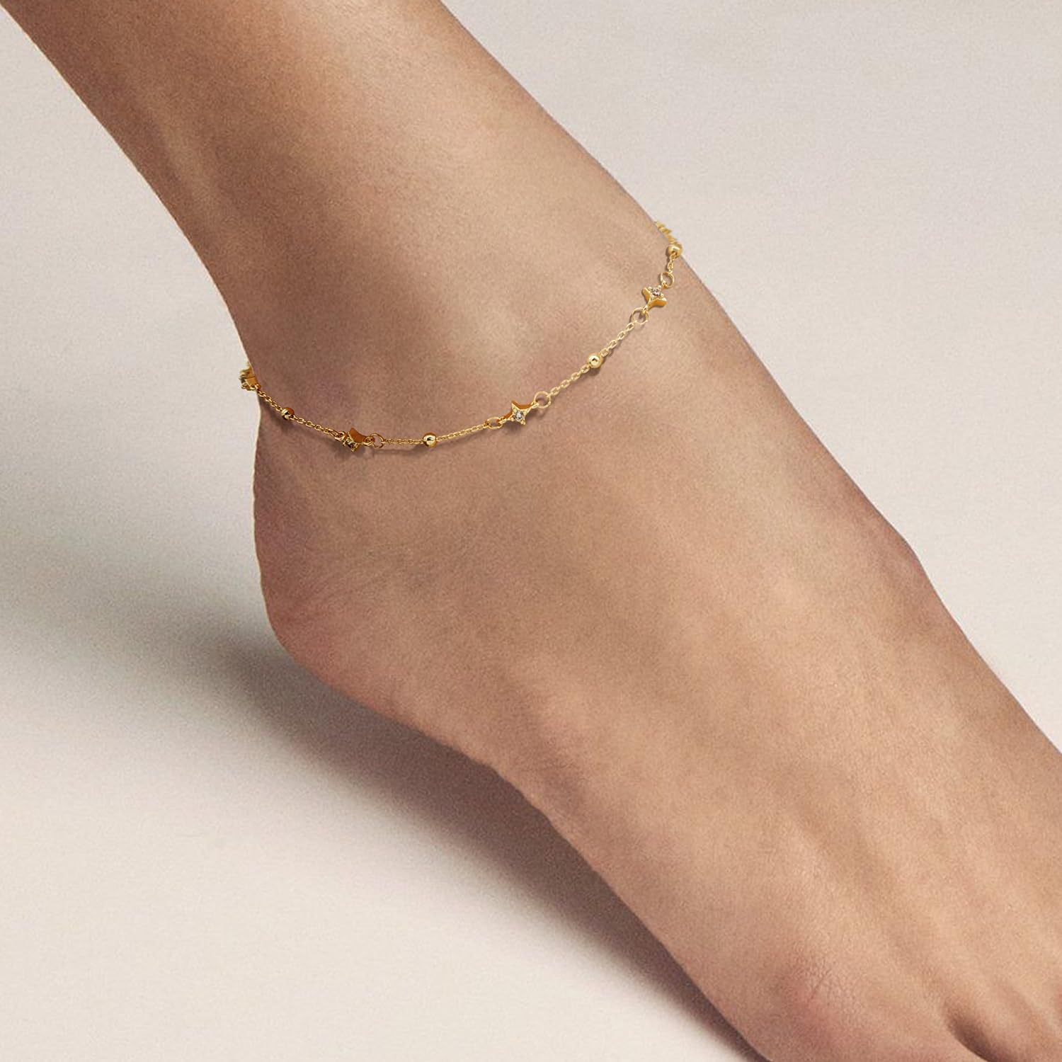 Naiswan 14K Gold Ankle Bracelets for Women Gold Anklets for Women Cubic Zirconia Star-Shaped Charms Ankle Bracelet for Womens 24+4cm