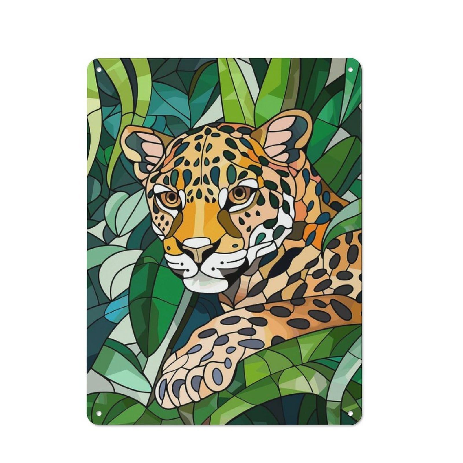 Junmoney Style-23 Metal Wall Sign 40X30cm Featuring Jaguar In Lush Greenery For Café Or Home Bar, For Collectors Decorating Cafés And Home Bars