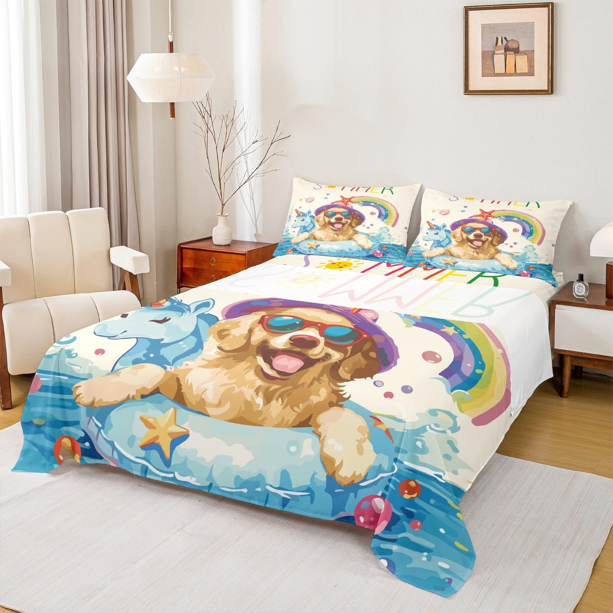 Homewish Juego de sábanas de playa de verano, tamaño doble, lindas sábanas de perro Golden Retriever para niños y adolescentes, ropa de cama de unicornio arcoíris, juego de sábanas de natación con
