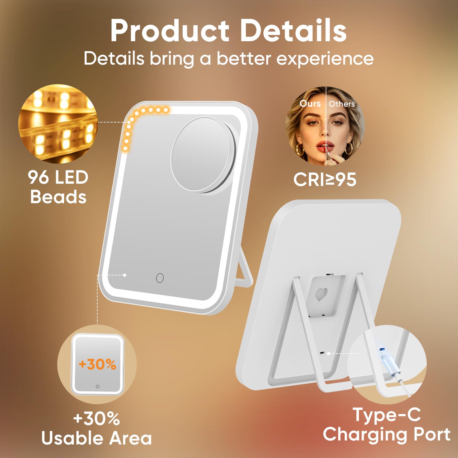 FUNTOUCH Großer Make-up-Schminkspiegel mit Lichtern, 5000 mAh, 30,7 x 25,9 cm, wiederaufladbar, beleuchteter Schreibtisch-Make-up-Spiegel mit 40-facher Vergrößerung, 96 LED-Leuchten und 3-farbiger