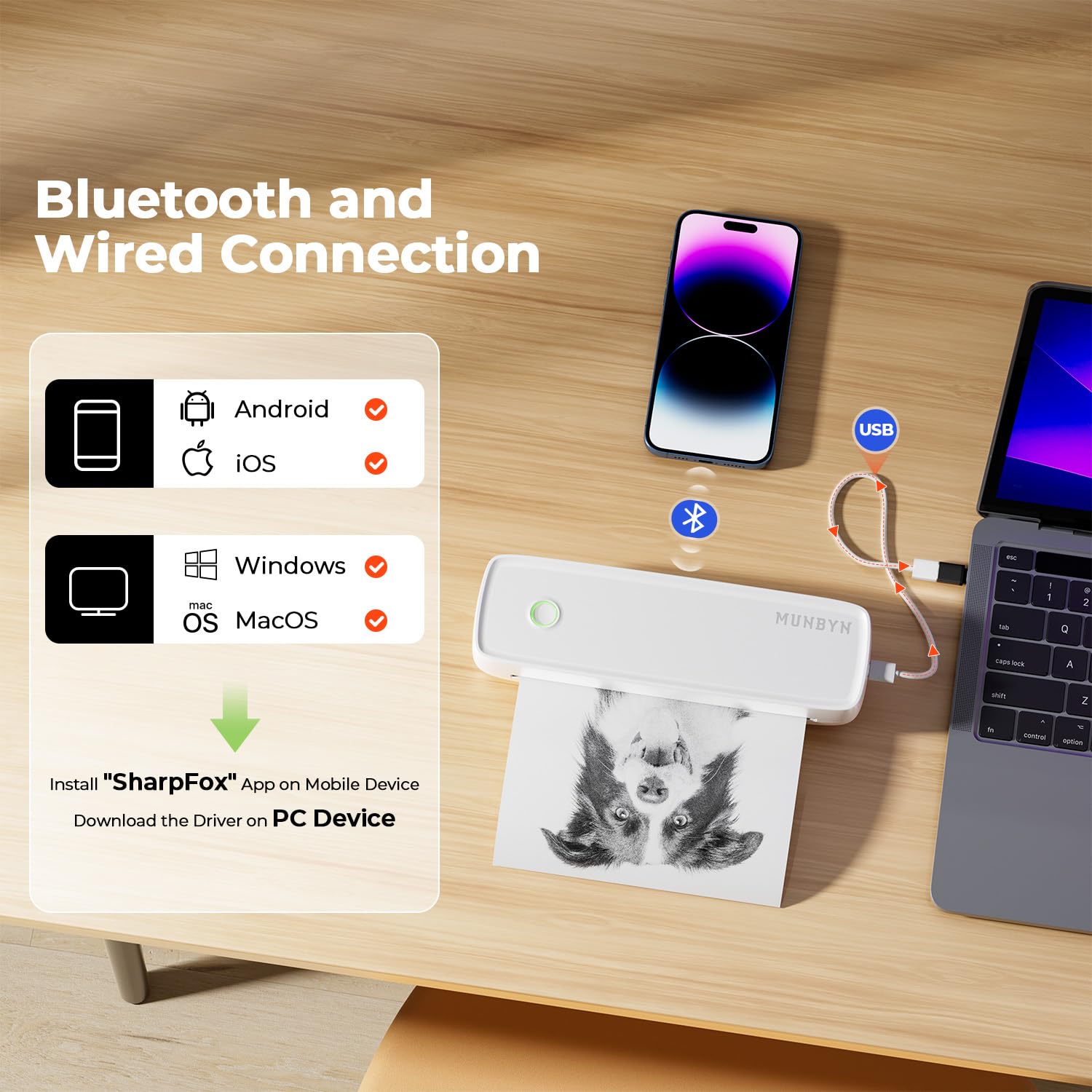 MUNBYN ITP04 Imprimante Thermique A4 Portable Bluetooth sans Encre, Compatible Android iOS, Blanc