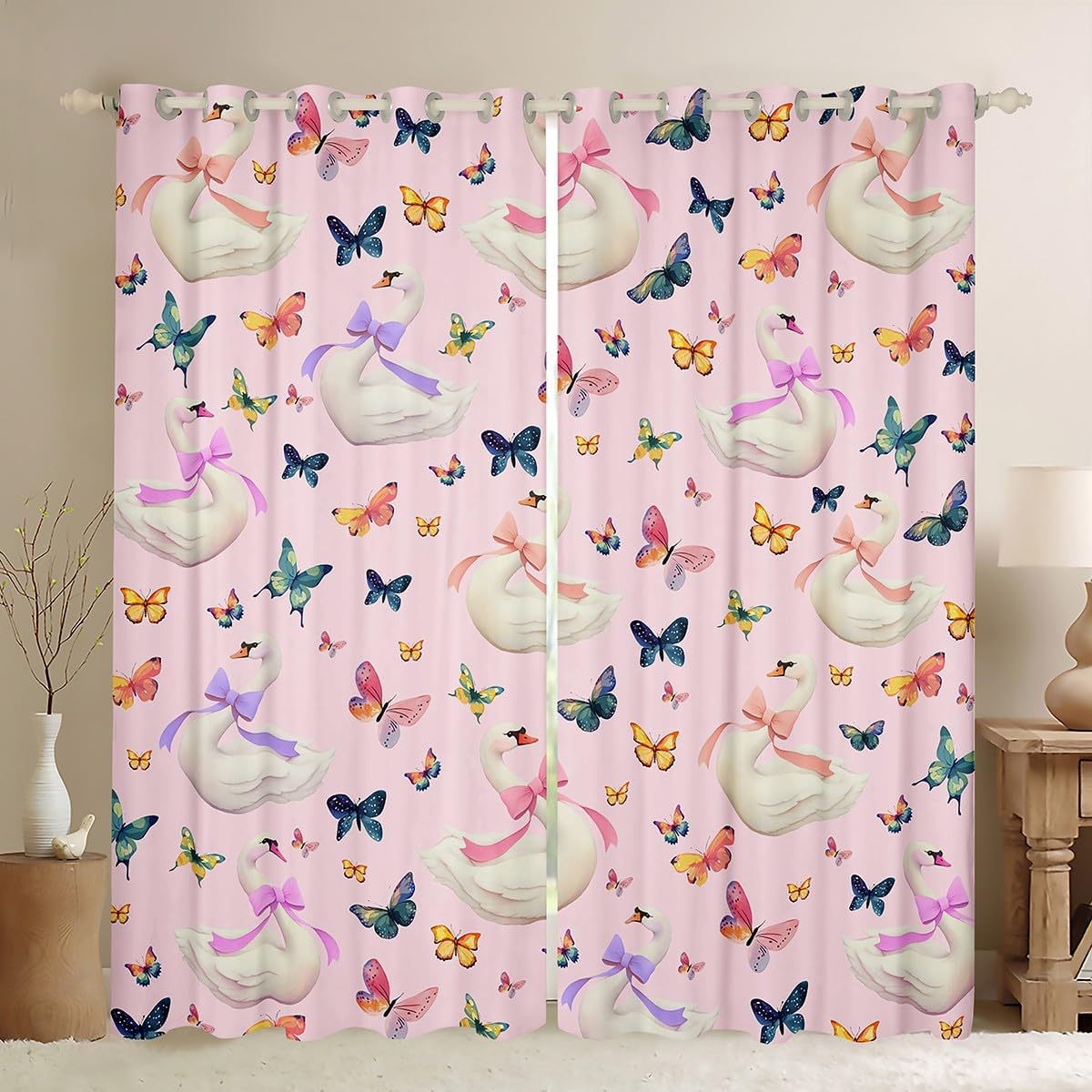 Manfei Black Cat Window Curtain Set of 2 Panels,Cartoon Bowknot Princess Bow-tie Kawaii Rose Pink Curtain,Cute Kitten Pet Animal Window Drapes for Kids Boys Room Decor,52Wx63L Inches