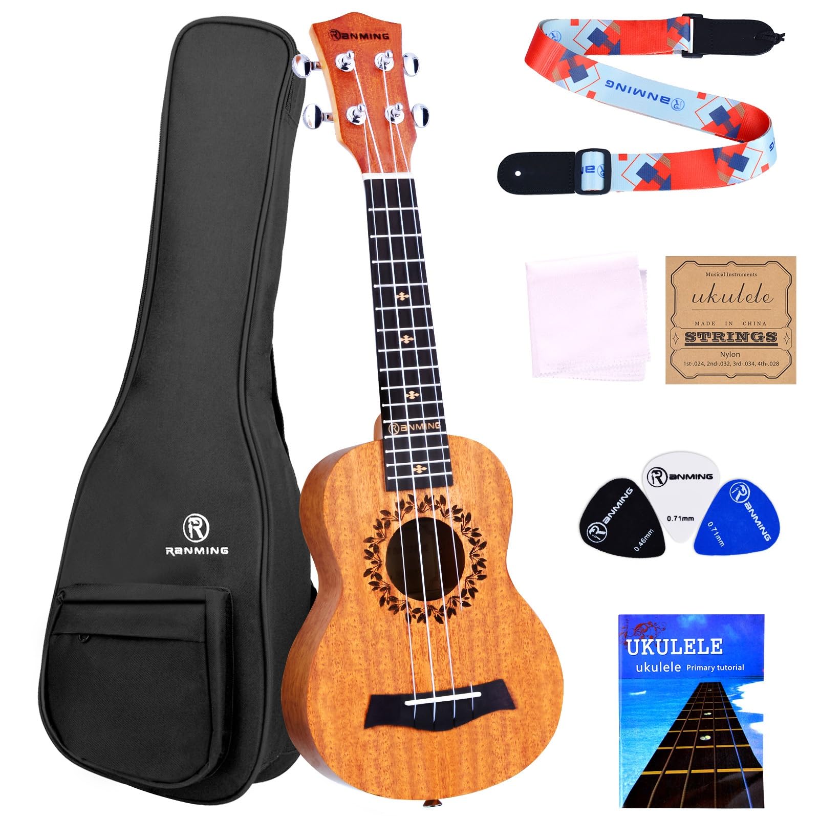 RANMING Soprano Ukulele 21 Inch UKeleles for Adults Ukulele Kit Mahogany Ukalalee with Ukele Gig Bag Strap Nylon Strings Picks and Cloth