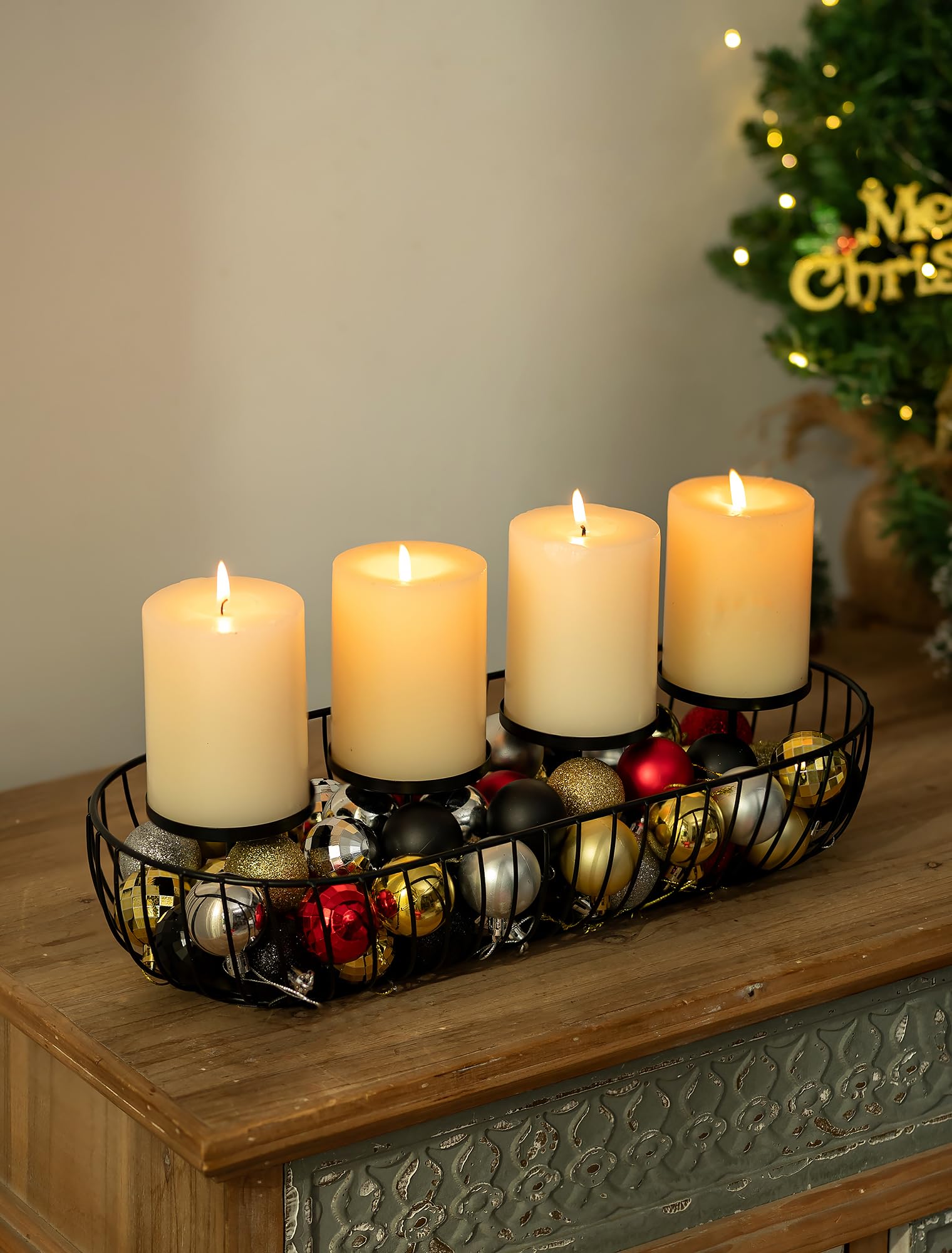 Corona d'Avvento Allungata Moderna in Metallo: Nero Centrotavola d'Avvento, Vaso Portacandele per 4 Candele - Ciotola d'Avvento Lunga 43cm Candeliere per Decorazioni Natalizie, Decorazione da Tavola