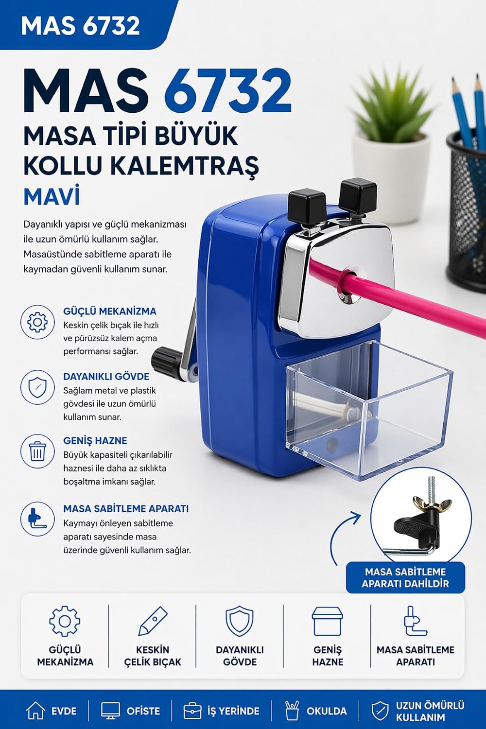 MAS Kalemtıraş, Kollu Masa Tipi, Metal, Lacivert