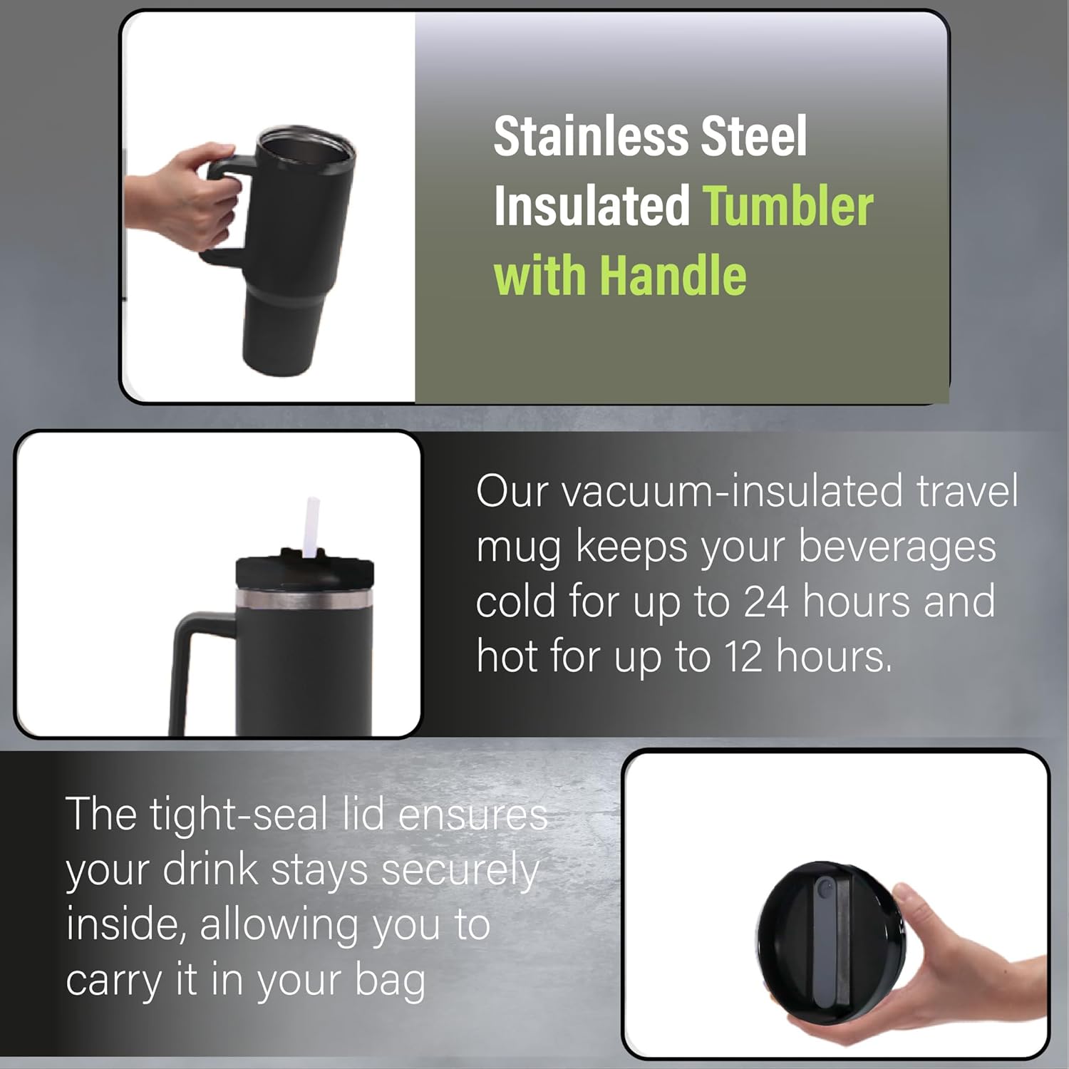 H&F Clicks Insulated Tumbler, Stainless Steel Tumbler with Leakproof Lid for Water, Coffee or Iced Tea. Cup Holder Compatible for Travel, BPA-Free Water Bottle, Vacuum Insulated Tumbler. (Black) - Image 2