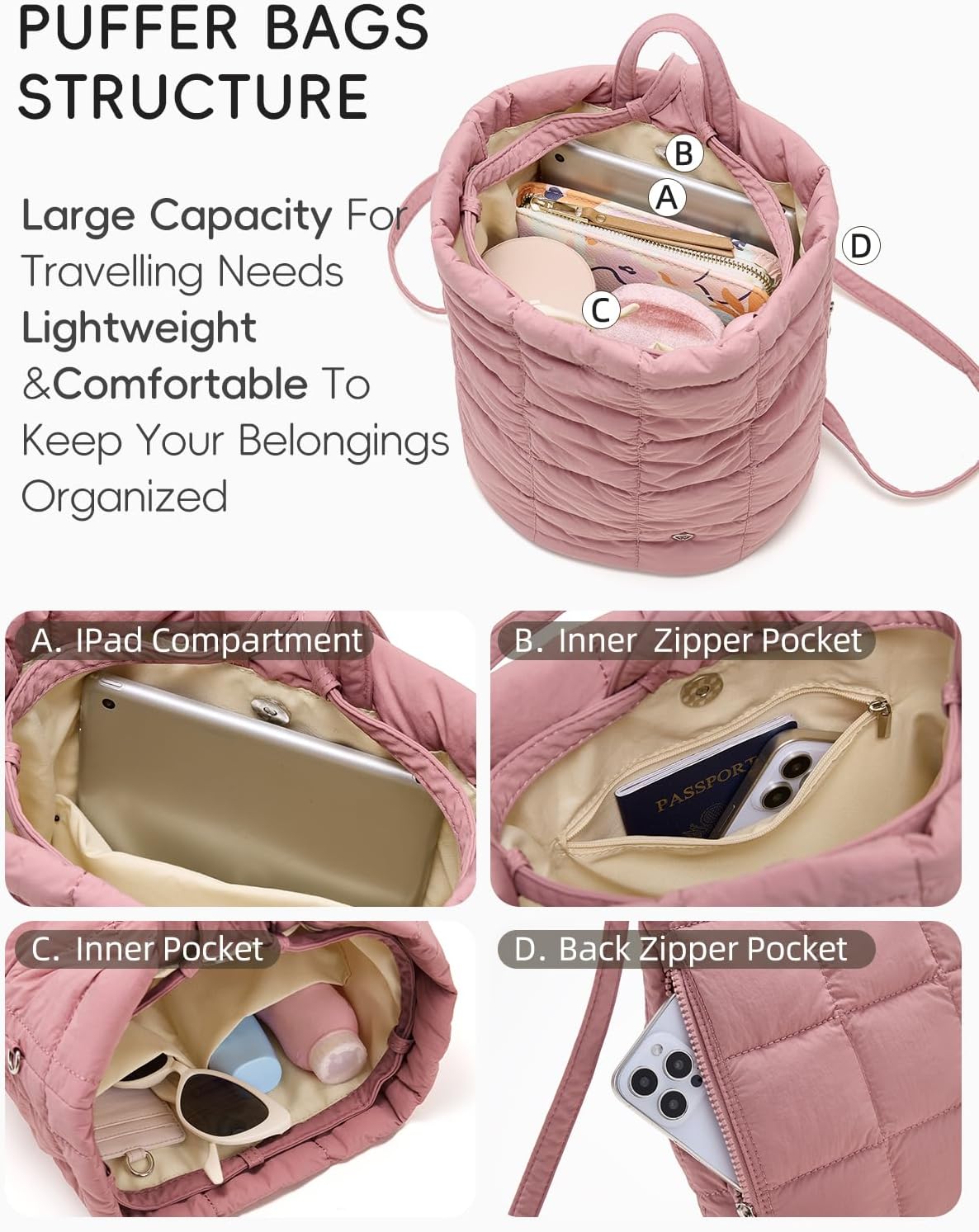WESTBRONCO Small Backpack for Women Puffer Quilted Casual Daypack Backpacks, Puffy Nylon Drawstring Backpack for Travel