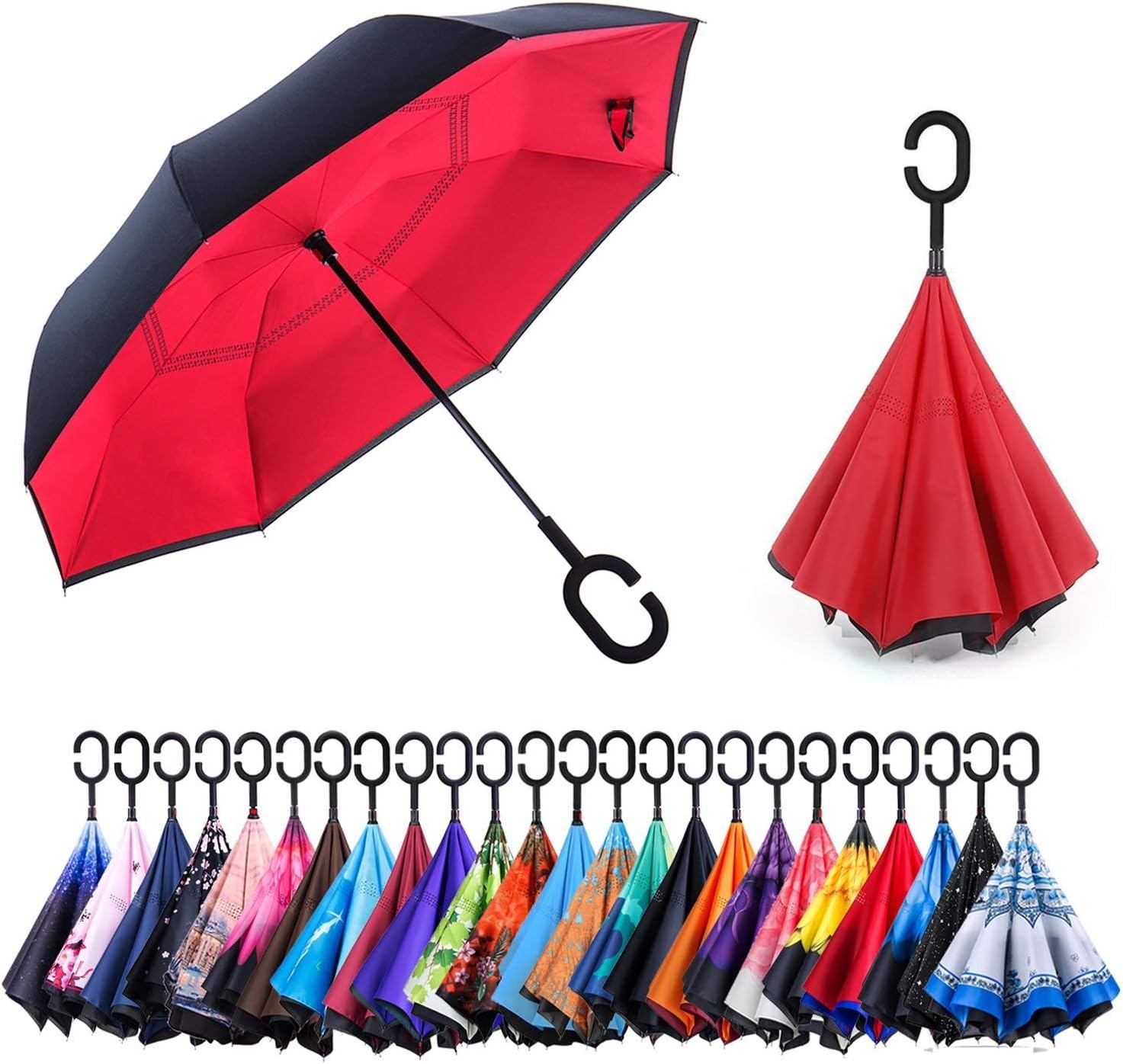 AmaGo Inverted Umbrella – Reverse Double Layer Long Umbrella, C-Shape Handle & Self-Stand to Spare Hands,Carrying Bag for Easy Traveling
