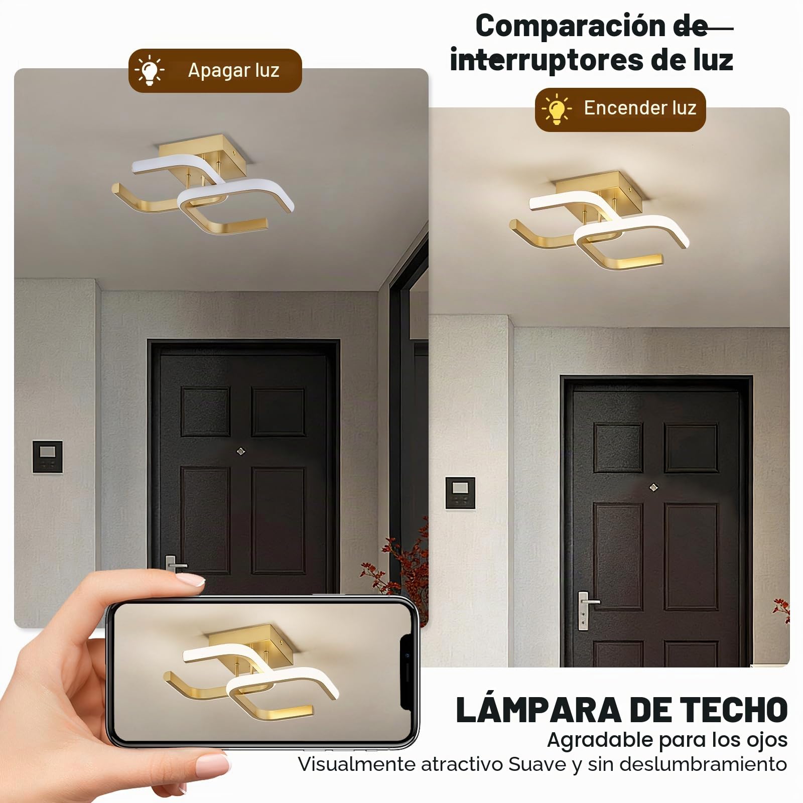 Qamra Plafon Techo Moderna, Lamparas Techo Dorada 32 cm,Lplafon Led Techo 24 W para Balcon, Baño, Cocina,Entrada,4000 K