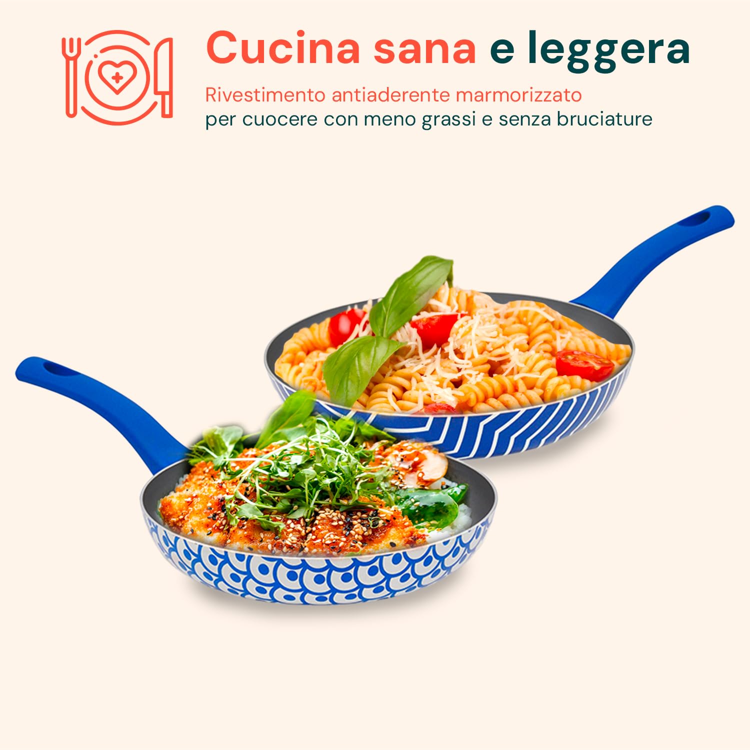 Avilia - Set Padelle Antiaderenti 24-28 cm con Rivestimento a Base d’Acqua per Cottura Sana e Uniforme, Lavabili in Lavastoviglie, Compatibili con Induzione, Manico Ergonomico e Design Mare