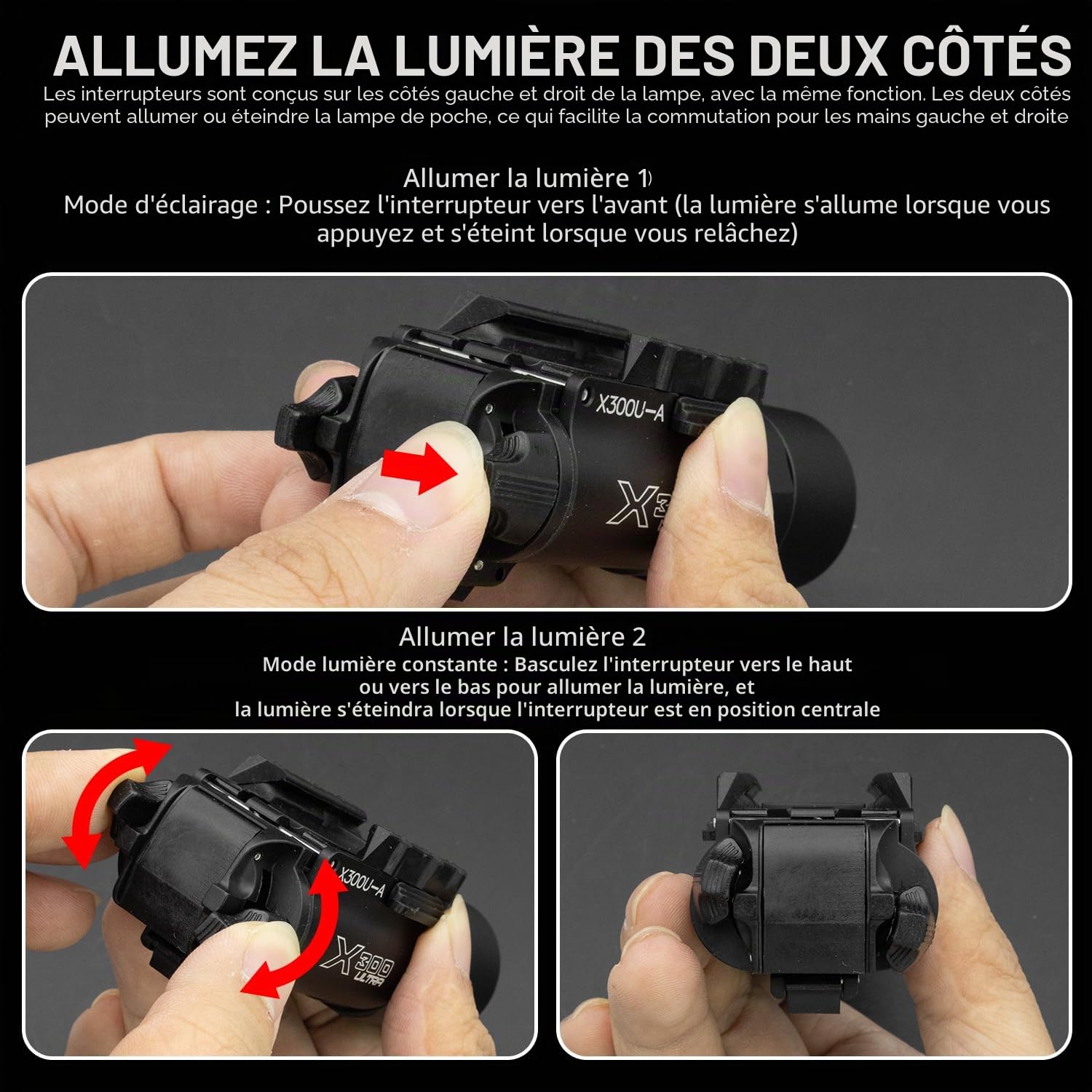 Zhongren X300 Lampe torche tactique pour airsoft 800 lumens Blanc 2 modes Lumière constante / momentanée (Noir)