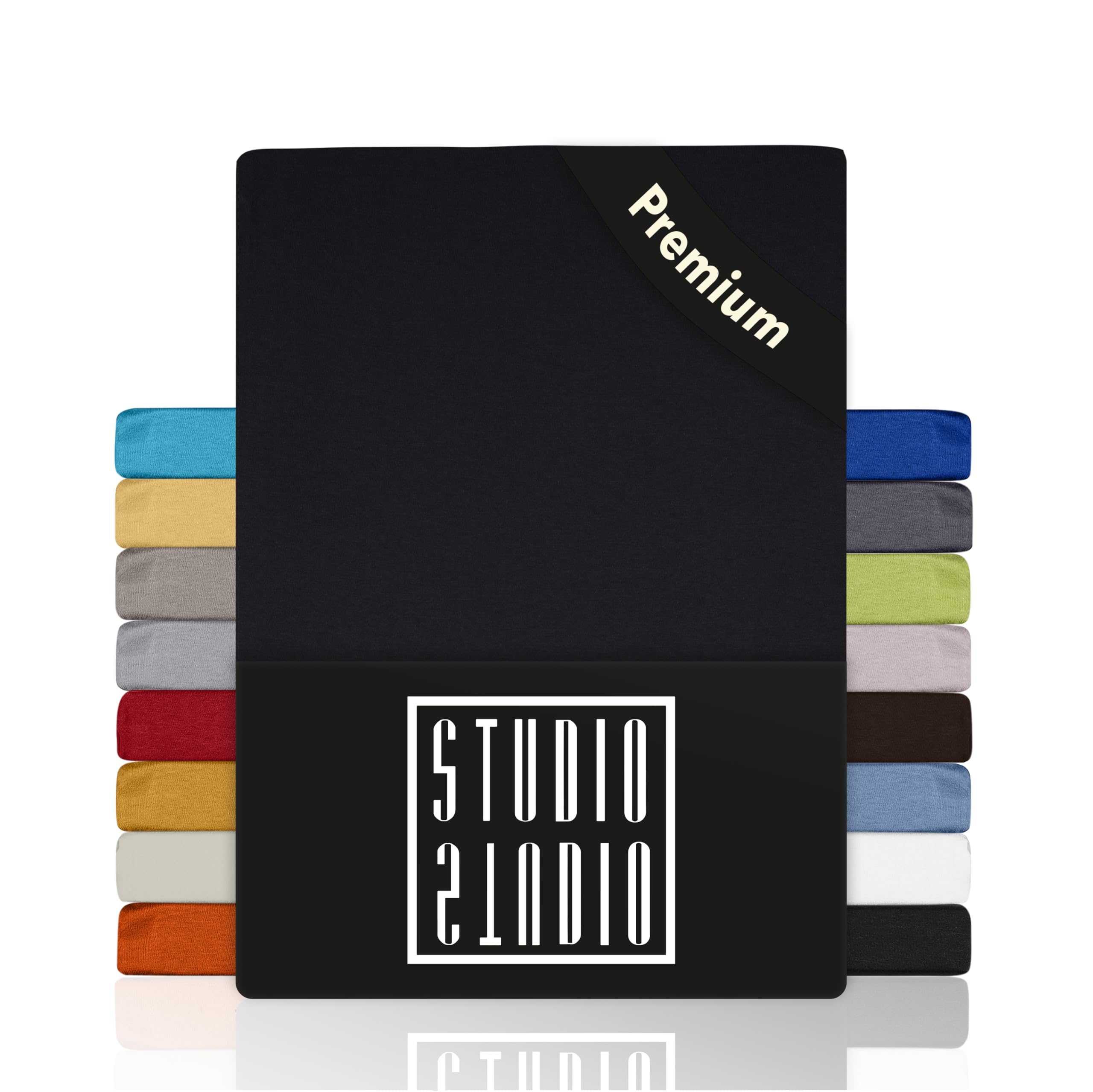 STUDIO Premium Spannbettlaken 90x200cm, 90x220cm, 100x200cm & 100x220cm – Jersey-Spannbetttuch aus 97 % Baumwolle & 3 % Elastan – Schwarz – Öko-Tex Zertifiziert, bügelfrei – für Matratzen 15–35cm