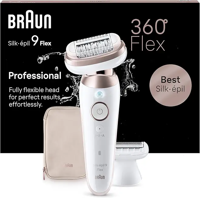 Braun Silk-épil 9 Flex, Epilierer Damen / Haarentferner für langanhaltende Haarentfernung, Ladyshaver, Rasieraufsatz, Trimmeraufsatz, 9-030 3D, Weiß/Rosa Titan
