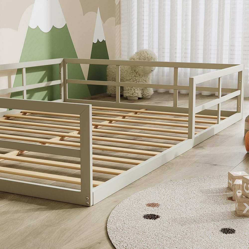 VitaliSpa Bodenbett Minno 140x200, Kinderbett aus Metall, Montessori Bett mit Rausfallschutz, niedrige Einstiegshöhe, Greige