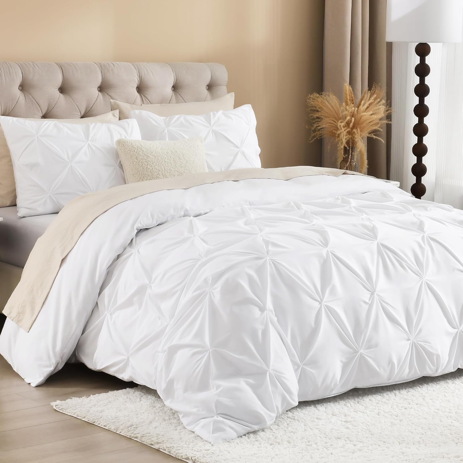 Litanika White Queen Pinch Pleat Duvet Cover, 3 Pieces Pintuck Cover Soft Microfiber Bedding Set with Zipper Closure & Corner Ties(90x90Inch-1 Duvet Cover, 2 Pillowcases) 01 - White Queen