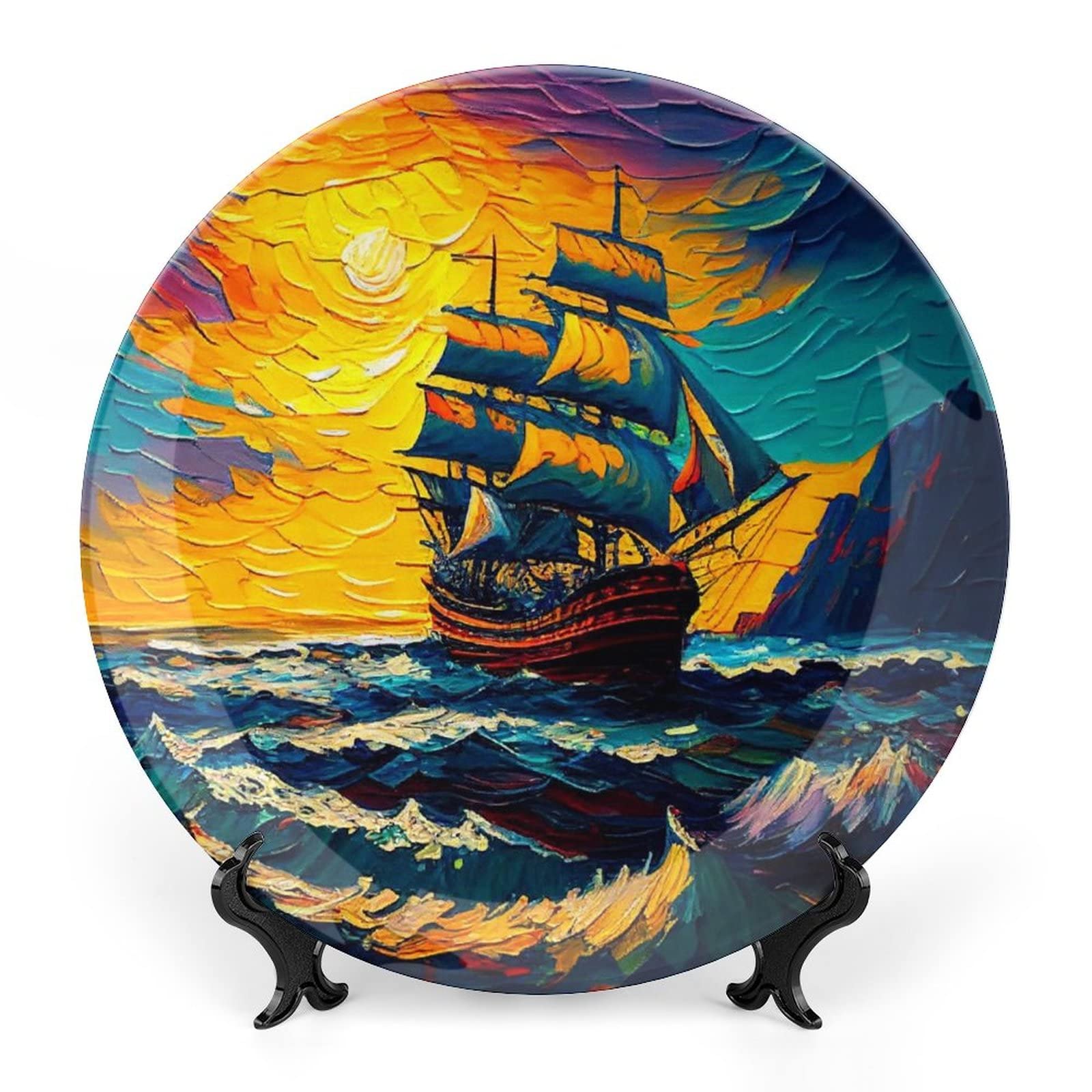 Gokays Decorative Plates, Nautical Ship Sailboat Painting Ceramic Plate, Wobble-Plate with Display Stand, Home Decor for Living Room Bedroom, Farmhouse Wall Hanging Round Plate Sign 8 Inch