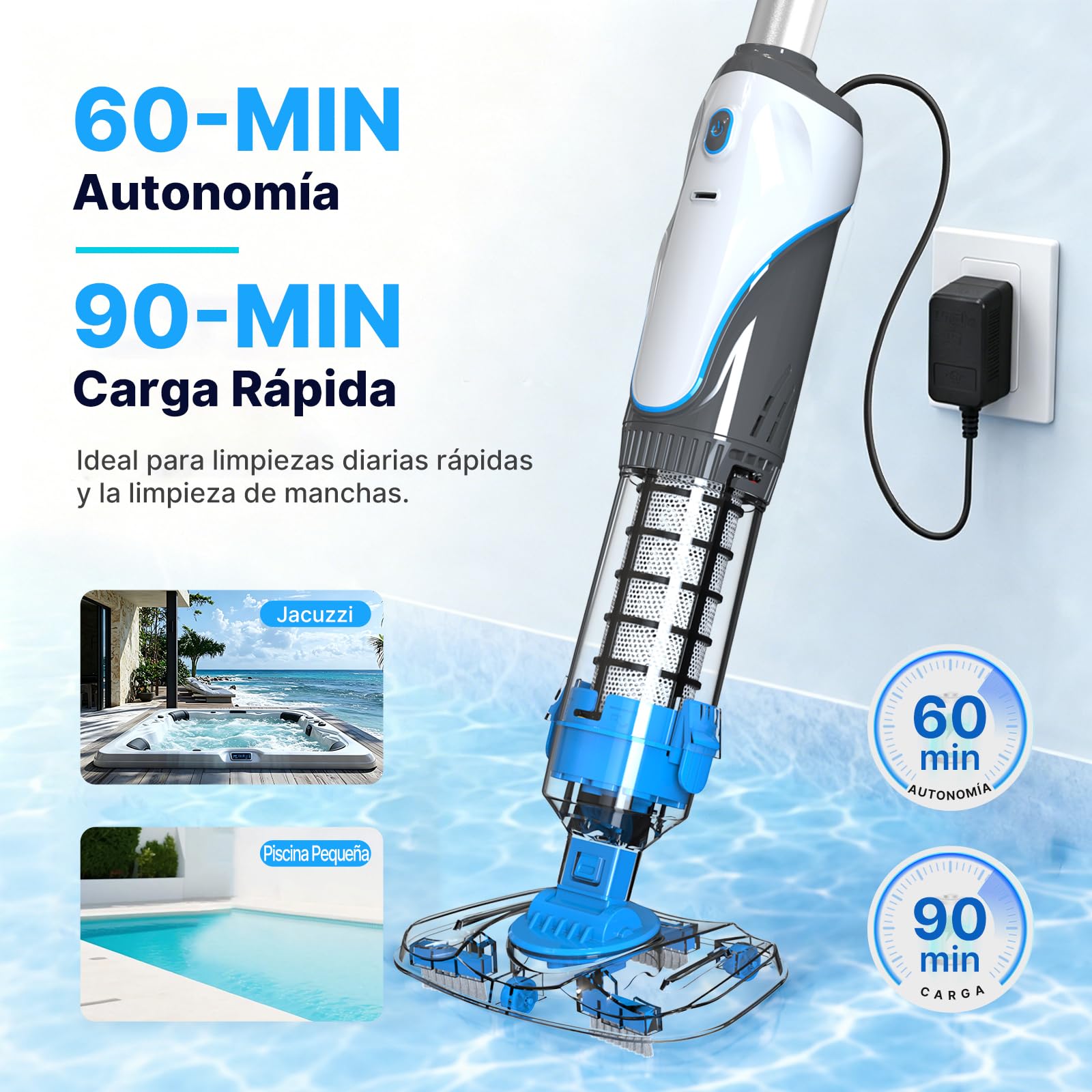 2026 Aspirador de Piscina a Batería Recargable, Aspirador de SPA Inalámbrico, Doble Filtración, Limpiafondos de Piscina, Ideal para SPA, Piscina Pequeña, Azul