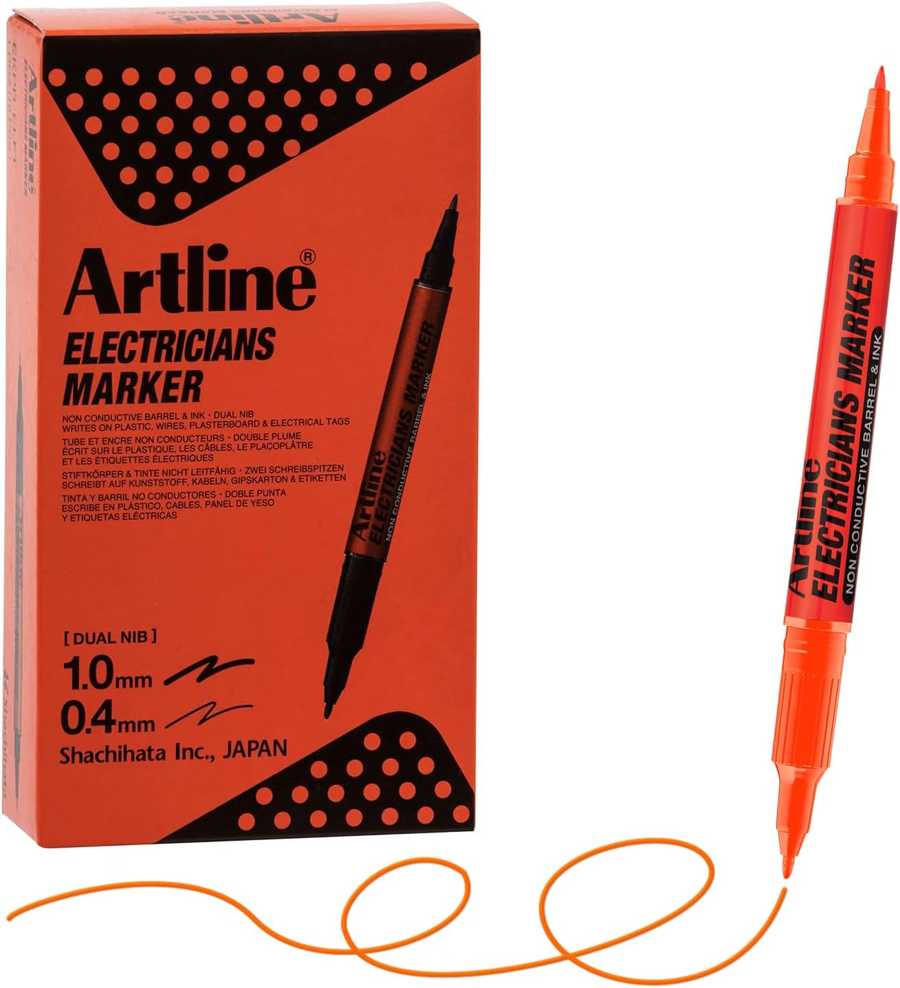 Artline Electricians Markers | Twin-Nib | Professional Series | Non-Conductive Ink & Barrel | EKPR-ELFT | 0.4mm Fine/1.0 Bullet Tips | Pack of 12 | Orange