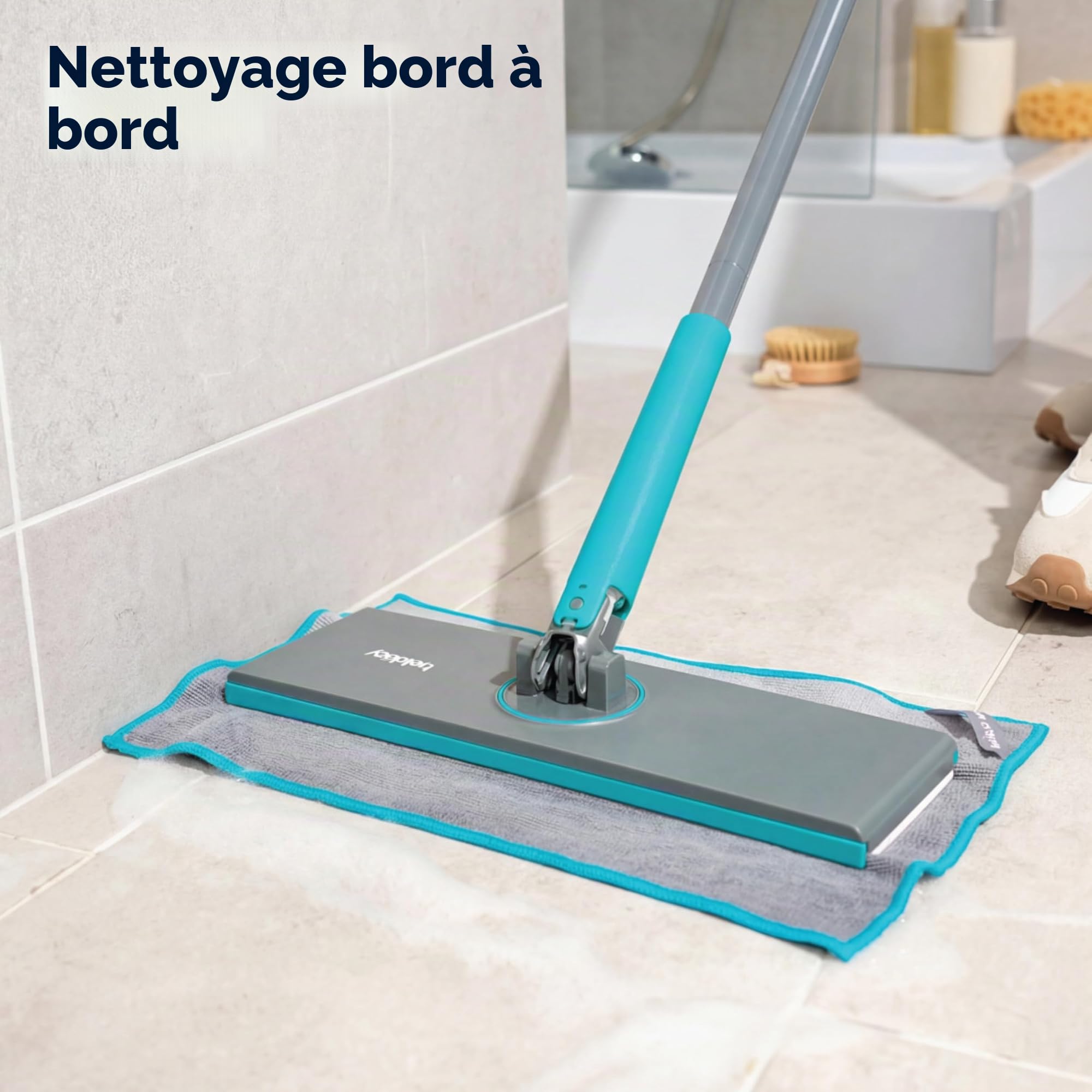Beldray Anti-Bac Balai à Franges Clip-to-Grip pour Sol - Grande Tête de Balai, Carrelages/Sol/Miroirs, Manche à Relâchement par Pression, Rotative à 360°, 6 Chiffons, Nettoyage/Récurage/Époussetage