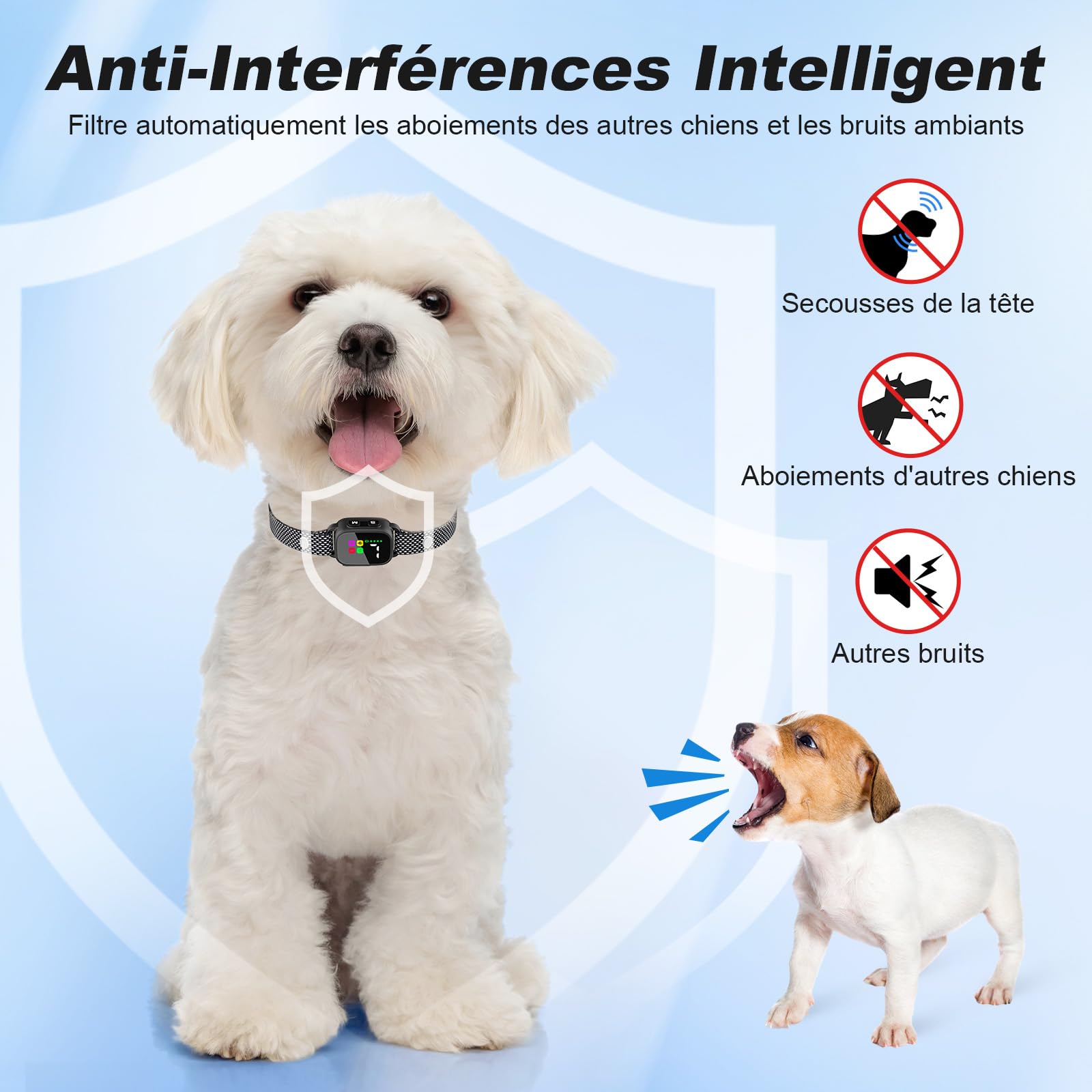 MASBRILL Collier Anti Aboiement pour Petits Chiens, Rechargeable Anti Aboiement Collier Dressage avec 3 Modes Son/Vibration, 7 Niveaux de Sensibilité