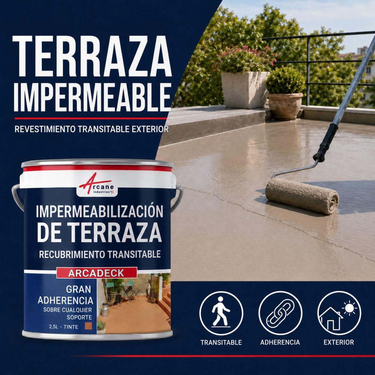 ARCANE INDUSTRIES Membrana líquida transitable, Membrana para terrazas transitable, impermeabilización con ARCATERRASSE - 2,5 L Teja