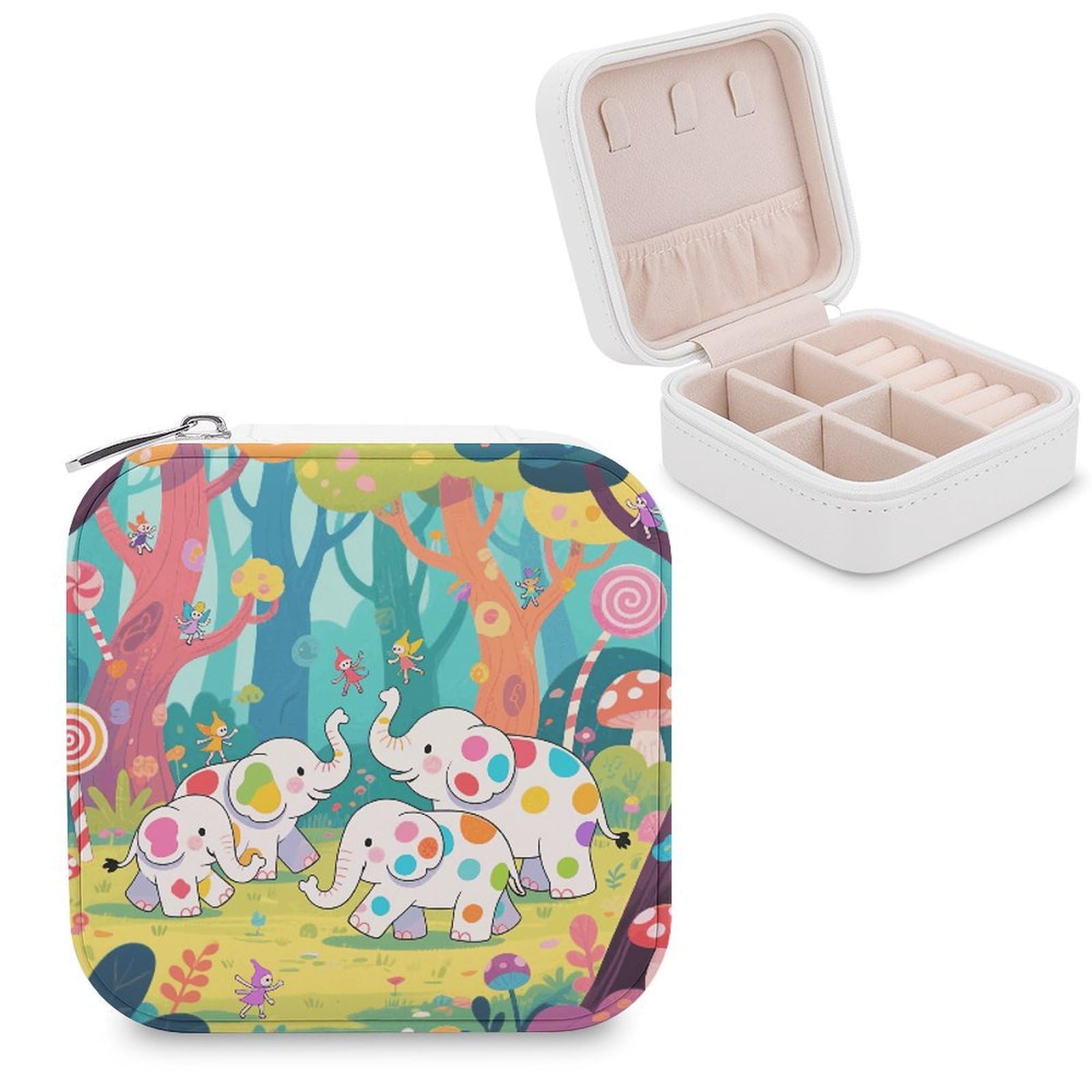 VstaDank Elephant Forest Jewelry Organizer Travel Case for Women With Zipper Mini Jewelry Case PU Leather Jewelrys Box for Rings Necklaces Bracelets Earring Holder Organizer Storage