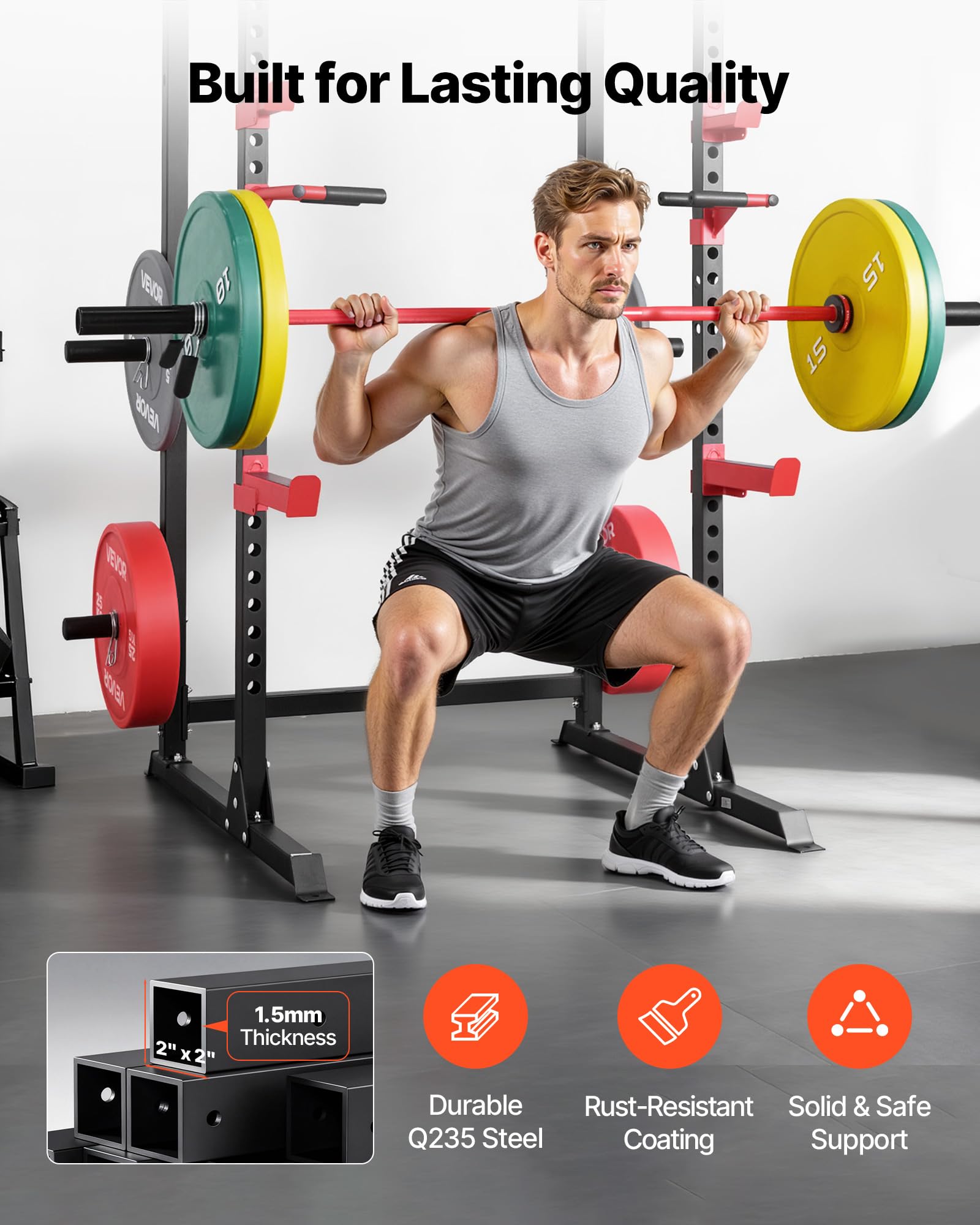 VEVOR Power Cage Power Rack, multifunktionales Squat-Rack mit Verstellbarer Höhe, Heimfitnessgerät für Krafttraining mit J-Haken & weiteren Fitnessaufsätzen für Bankdrücken Klimmzüge Dips