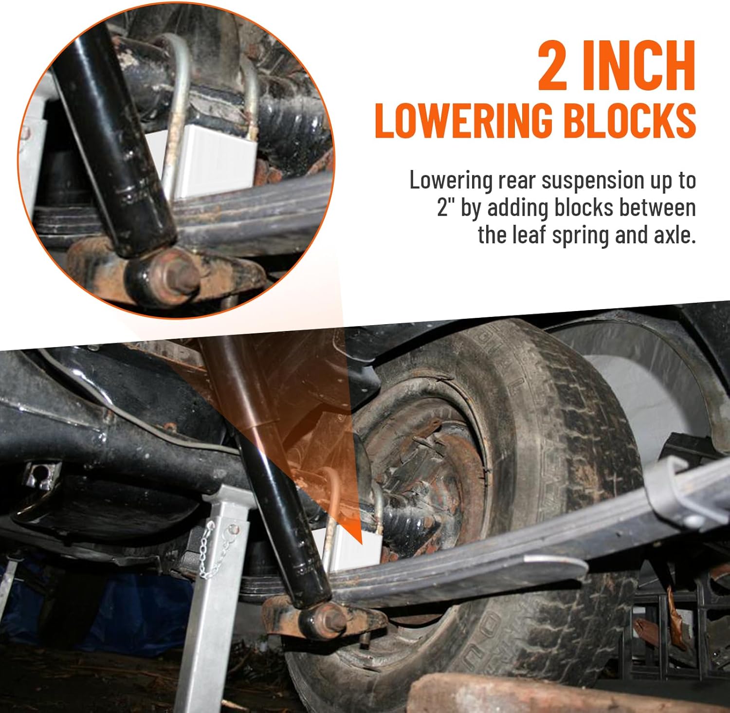 2 inch Universal Leaf Spring Lowering Block, 2 Pack Aluminum Lower Blocks for Ride Height Adjustment, 5" Length x 2-1/3" Width